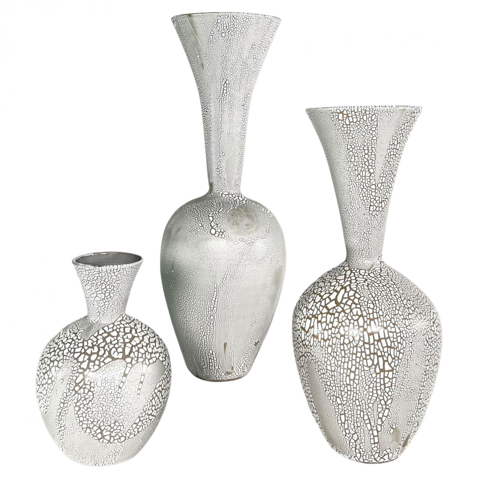 (3) White Crackle Glazed Ceramic Vessels: c. mid-20th c., USA, ceramic, stamped "Silica" to underside, 20"h x 7.5"dia Shipping Note: LOCAL PICKUP IS NOT AN OPTION. All items MUST be shipped via LiveAuctioneers Shipping Services. Use the