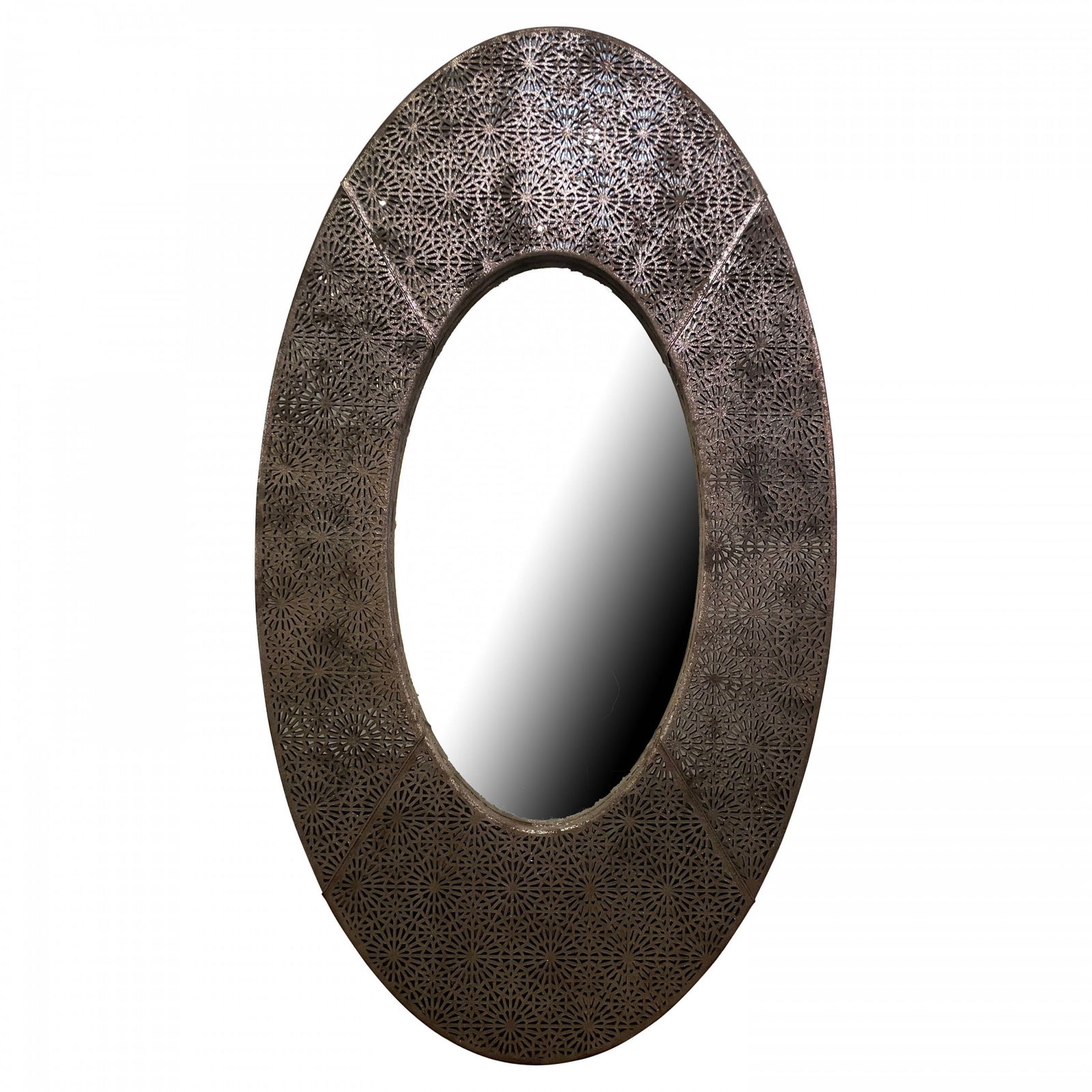 Modern Moroccan Style Leather Oval Mirror: 20th c., brown and metallic leather, in openwork geometric design, framing an oval mirror glass, 63"h x 35"w x 3"d Shipping Note: LOCAL PICKUP IS NOT AN OPTION. All items MUST be shipped via