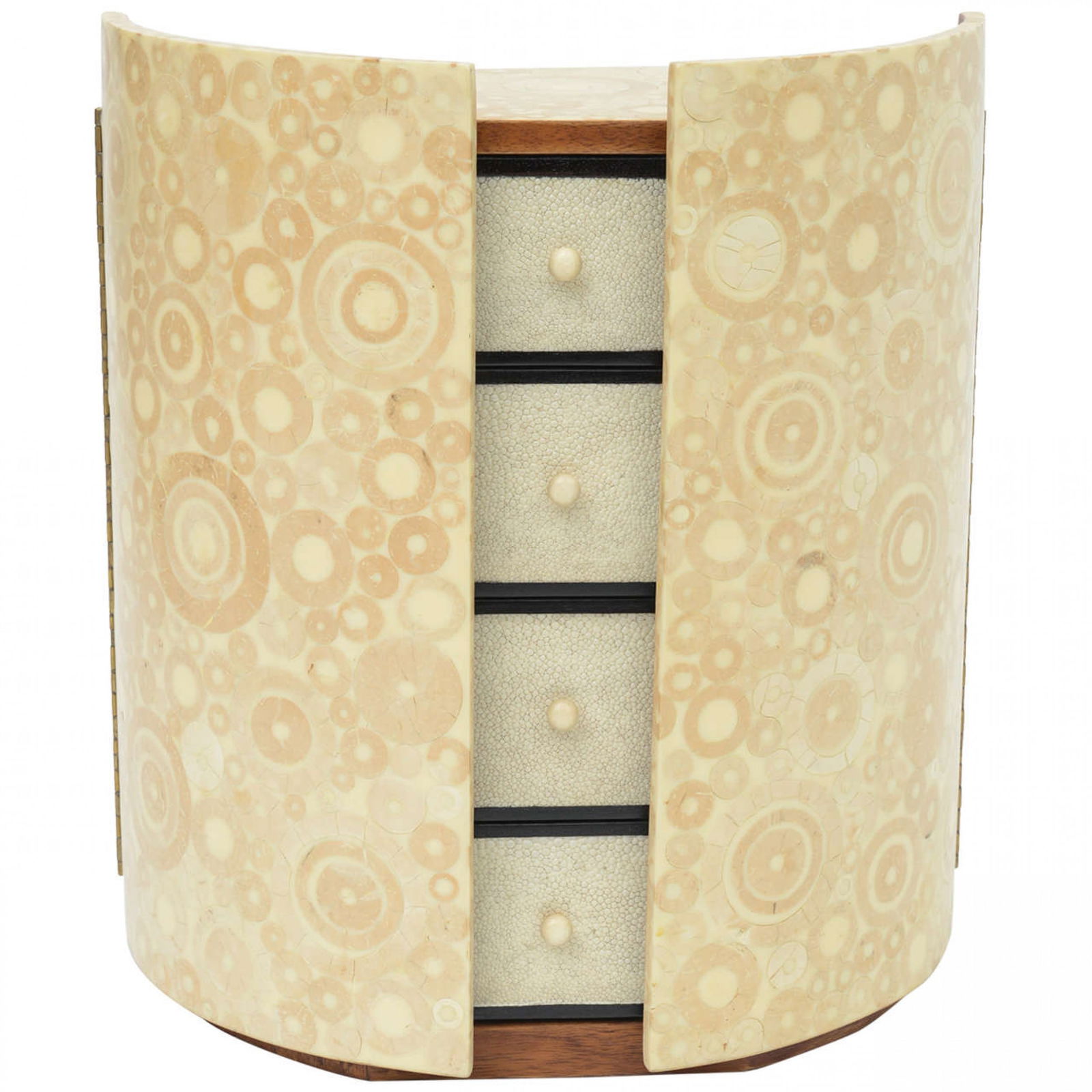 R & Y Augousti, Bamboo, Shagreen and Mahogany Jewelry Box or Small Cabinet: c. 21st. c., France, inlaid bamboo parquetry doors, shagreen veneer drawer fronts, and mahogany, four stacked drawers centered between curved doors set with triangular shelves, open to storage