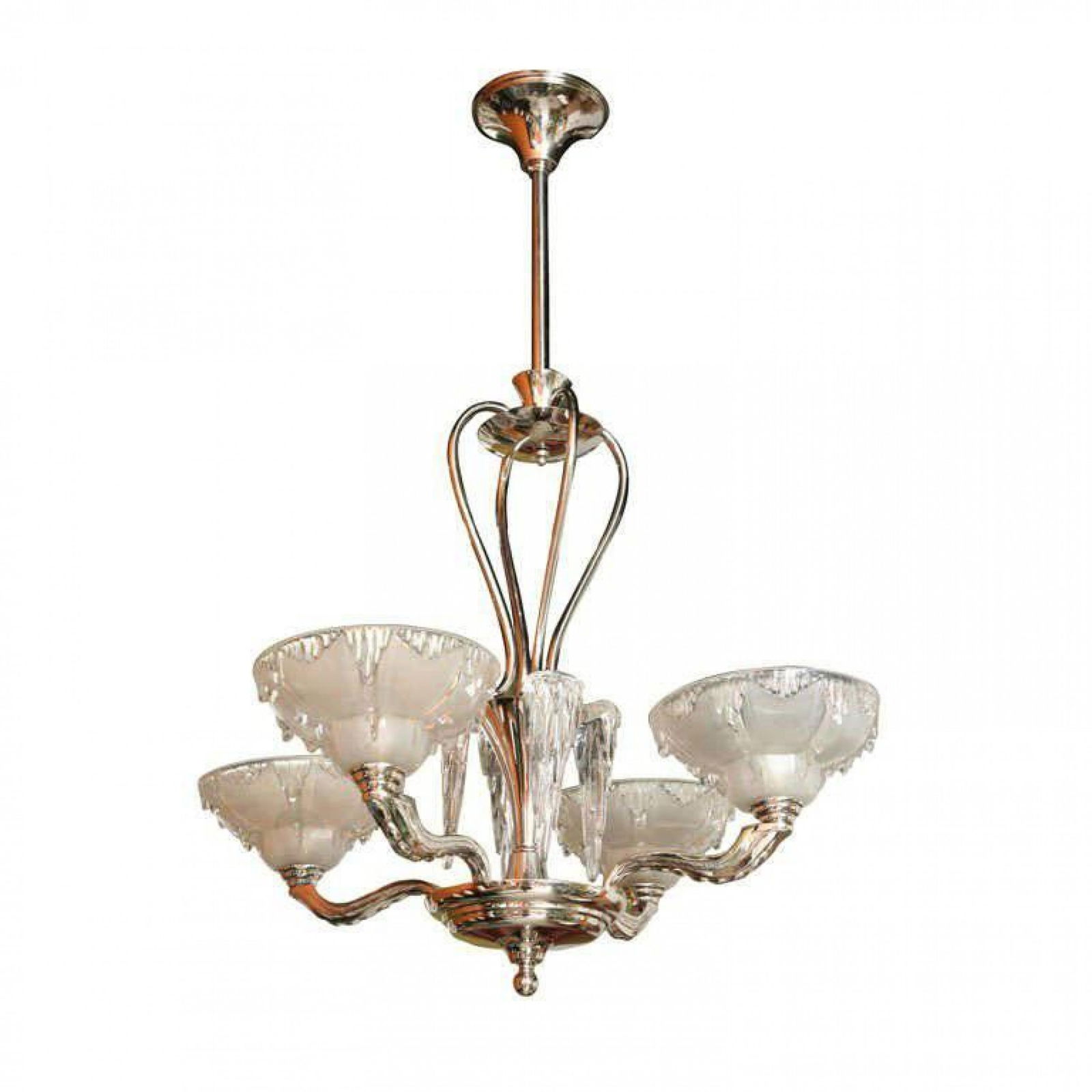 Late Art Deco Nickel and Frosted Glass "Icicle" Chandelier (1 of 5)