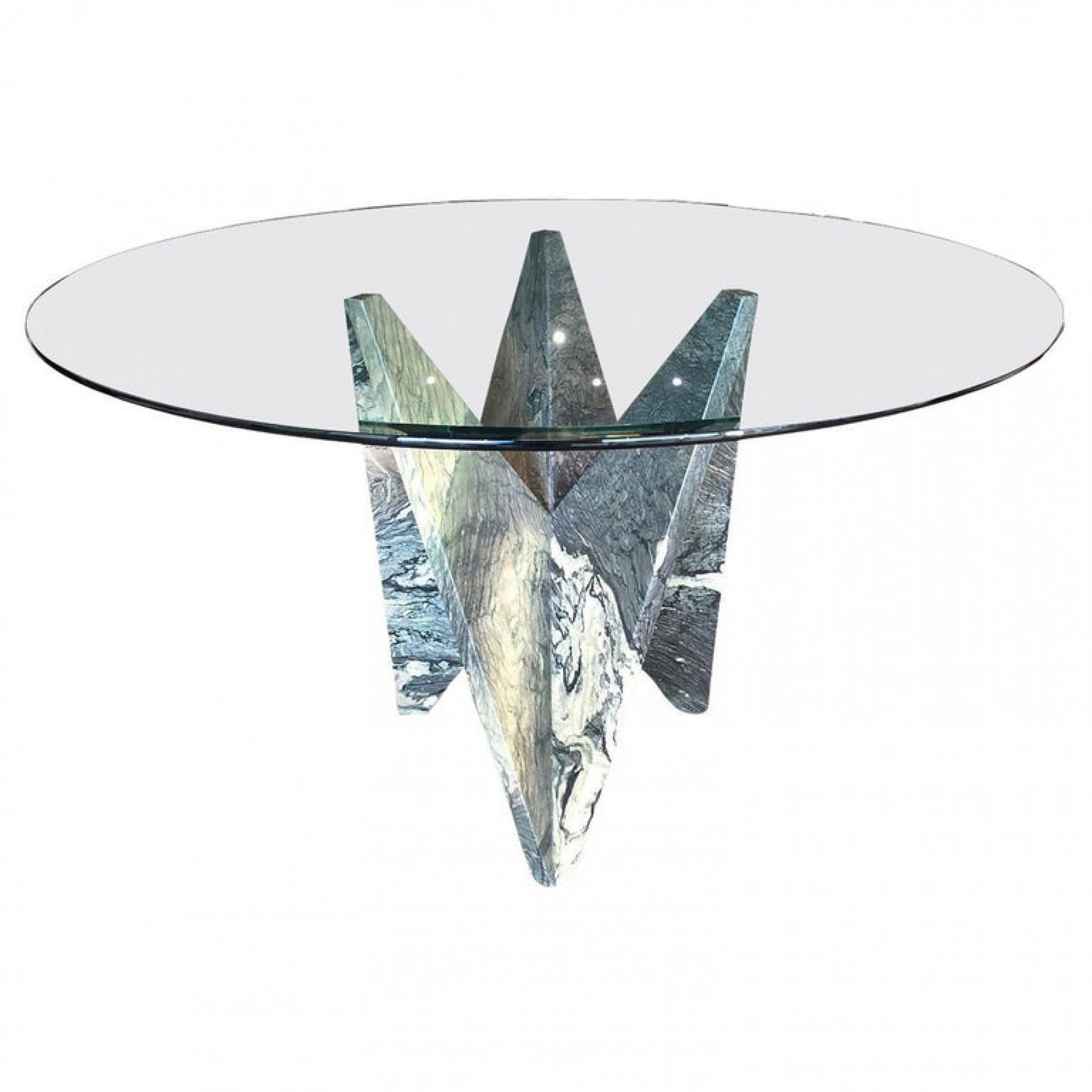 A Fine Faceted Green Marble Base Table: 20th c., varigated green, brown, and black marble, the sculptural base supporting a round glass top, 29"h x 48"dia Shipping Note: LOCAL PICKUP IS NOT AN OPTION. All items MUST be shipped via