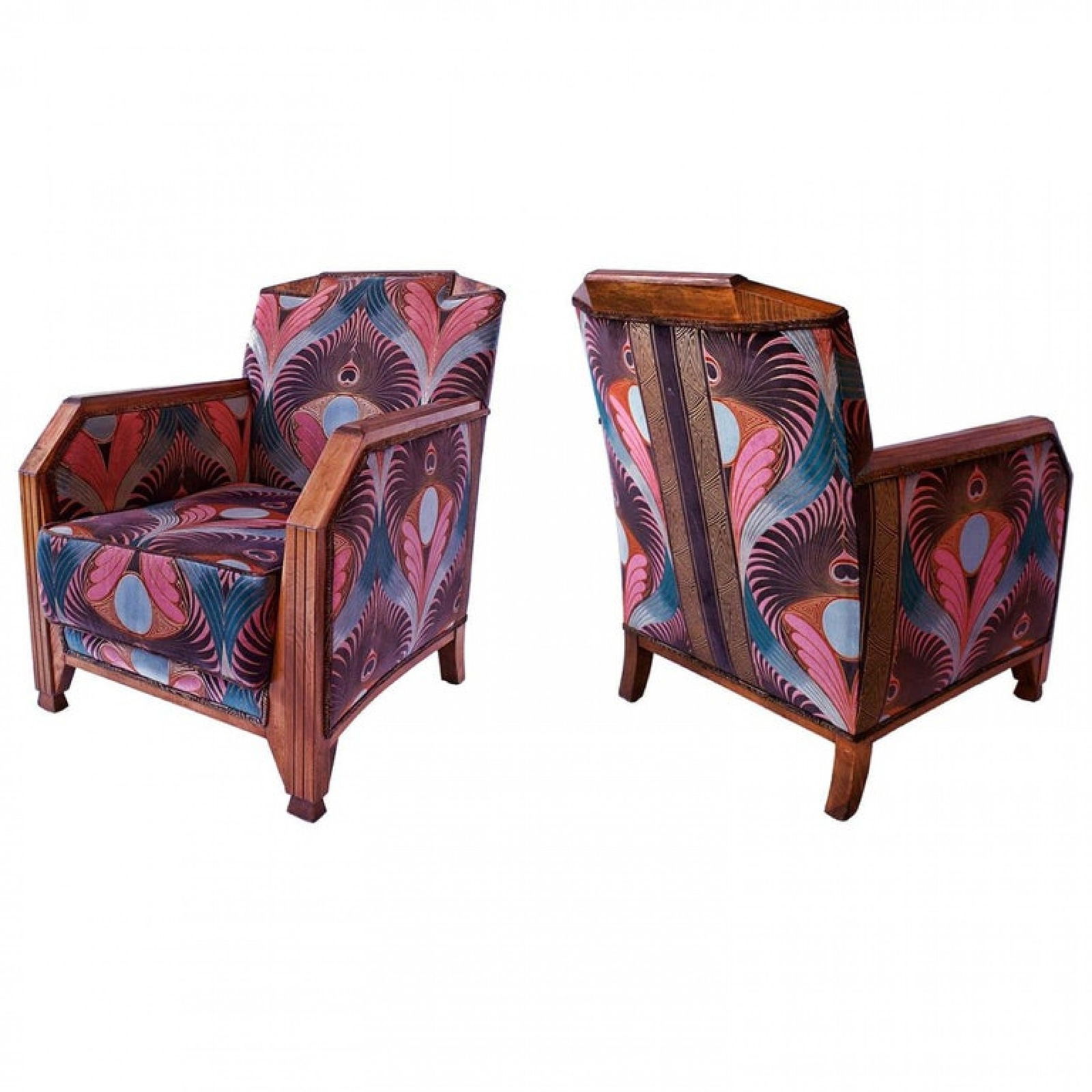 Maurice Dufrene (Style), Pair of French Late Art Deco Mahogany Bergeres: c. 1930s, France, mahogany, period style fabric, 34.5"h x 27"w x 30"d Shipping Note: LOCAL PICKUP IS NOT AN OPTION. All items MUST be shipped via LiveAuctioneers Shipping Services. Use the LiveShip bu