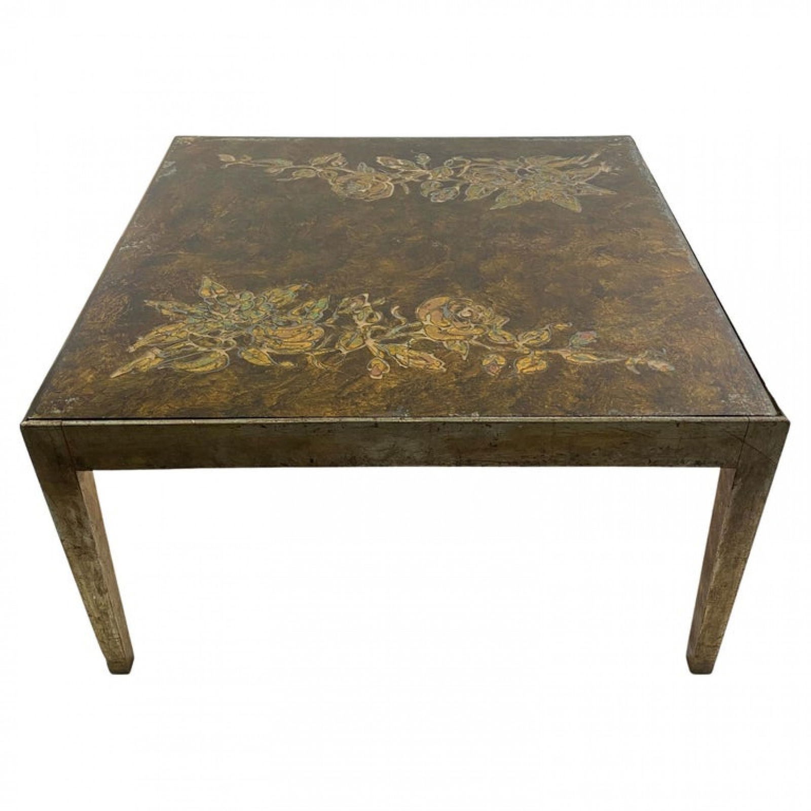 Italian Modern Gilt Eglomise Top Coffee Table: c. mid-20th c., Italy, silver gilt, eglomise glass, inset into Parson style frame,16.5"h x 30.5"sqr Shipping Note: LOCAL PICKUP IS NOT AN OPTION. All items MUST be shipped via LiveAuctioneers