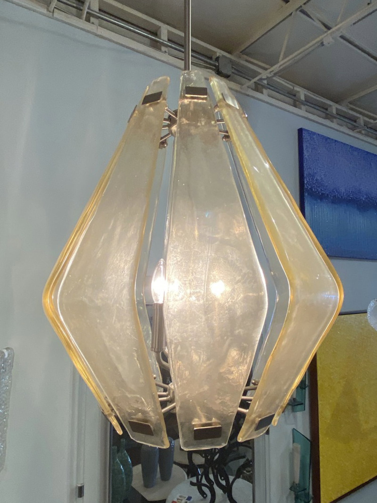 Mazzega Style Italian Modern Chandelier: c. mid-20th c., Italy, hand blown glass assembled in a shape of a teardrop with a metal structure, 37"h x 18"dia Shipping Note: LOCAL PICKUP IS NOT AN OPTION. All items MUST be shipped via LiveAuction