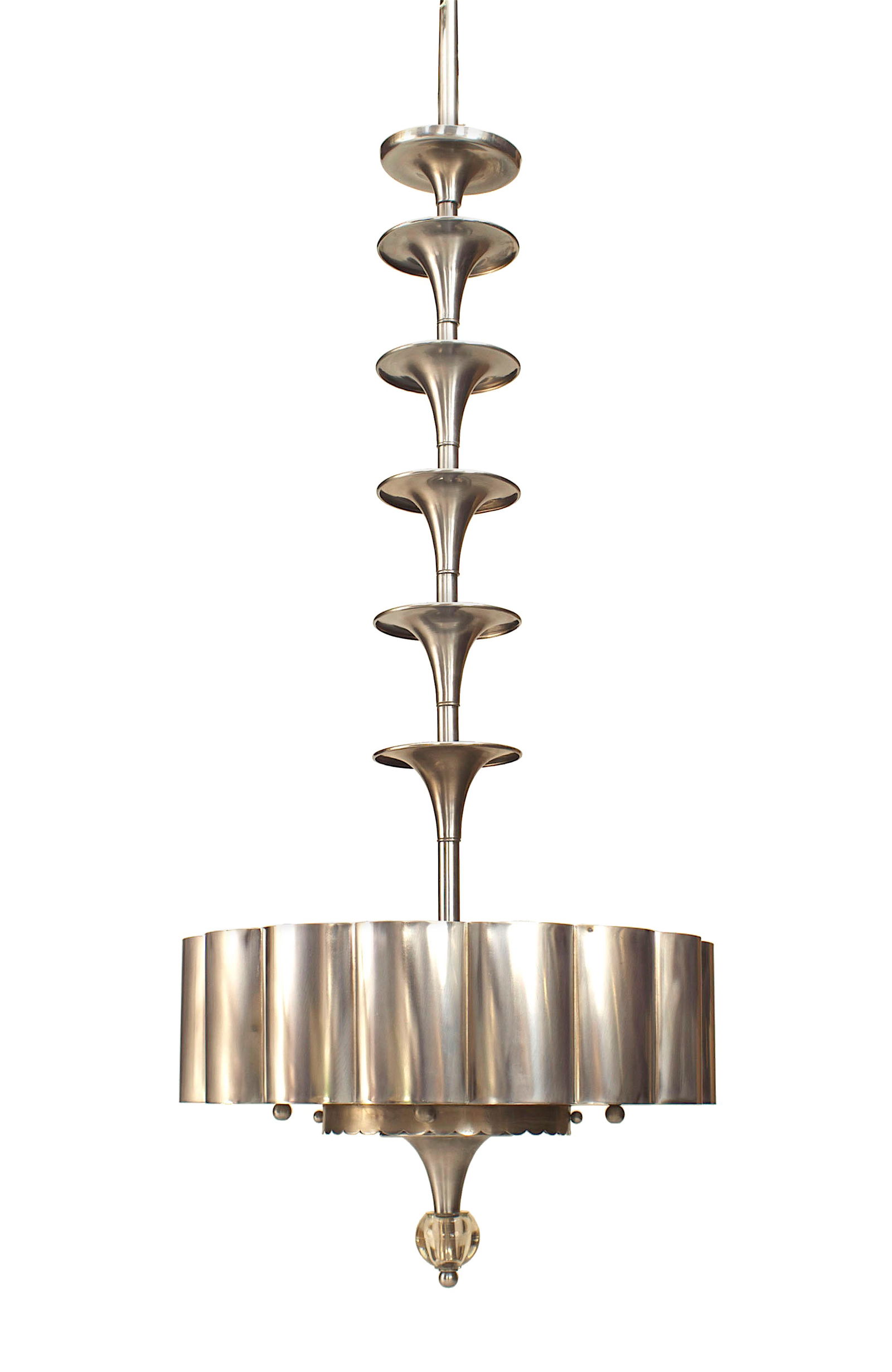 Art Moderne Chrome Chandelier: c. 20th c., chromed metal, stacked trumpet stem supporting fluted drum shade, 68"h x 24"dia Shipping Note: LOCAL PICKUP IS NOT AN OPTION. All items MUST be shipped via LiveAuctioneers Shipping Service