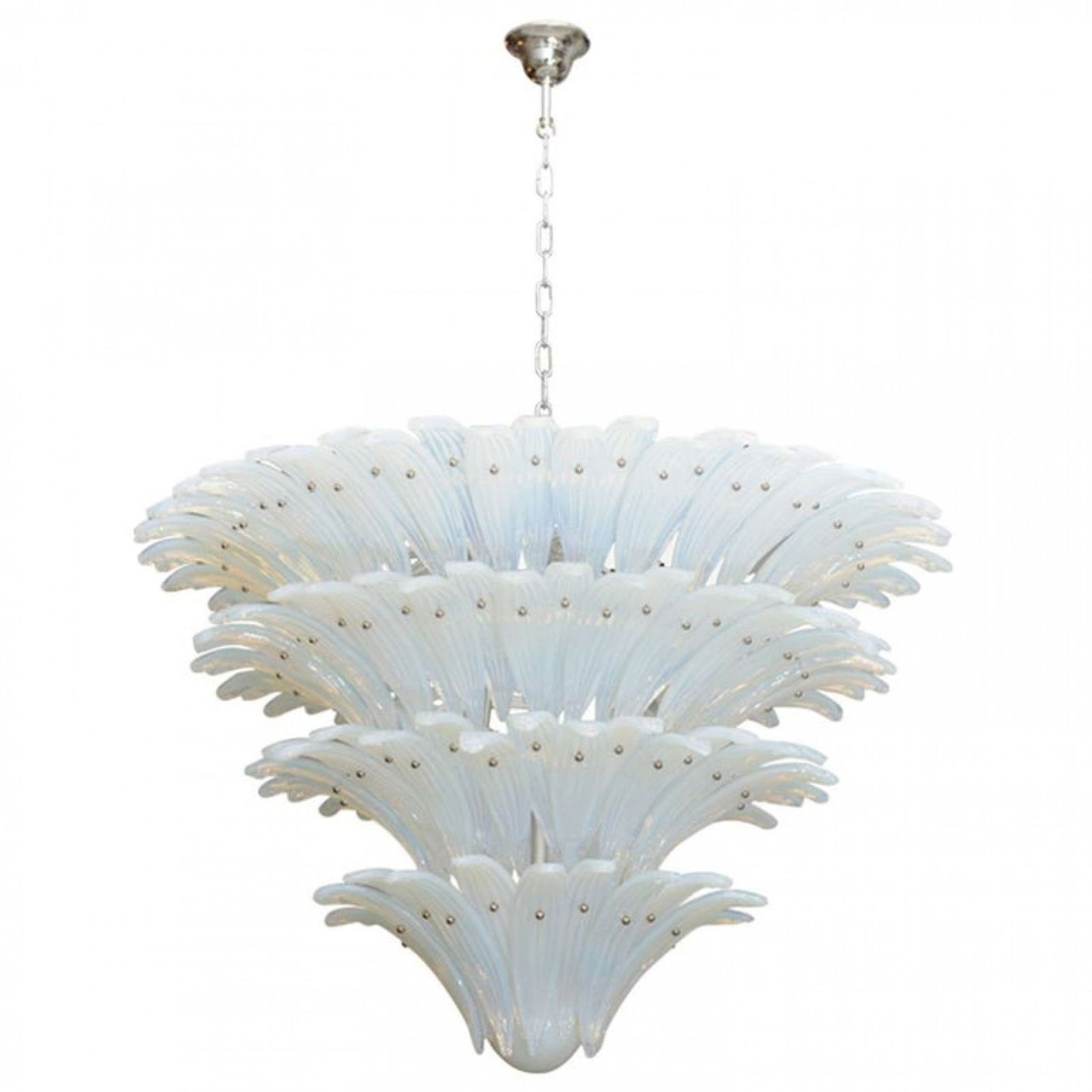 Italian Murano Modern 4 Tier Chandelier: 20th c., Italy, molded opalescent glass petal elements, ball finial at the bottom, 28"h x 38"dia Shipping Note: LOCAL PICKUP IS NOT AN OPTION. All items MUST be shipped via LiveAuctioneers Shipping Se