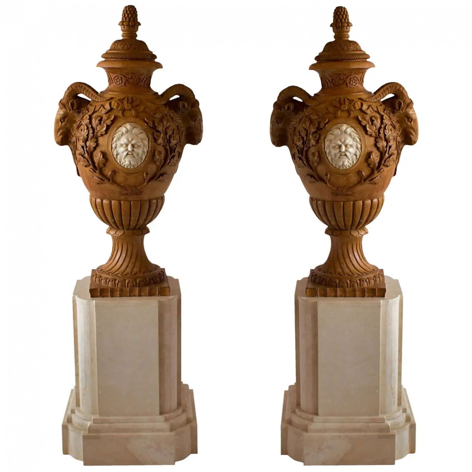 Fine and Monumental Pair of Italian Neoclassical Siena Marble Urns on Pedestal (1 of 1)