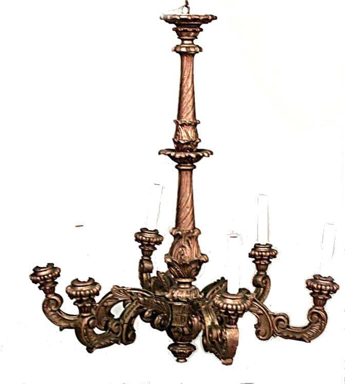 French Louis XV style painted wood 6-arm chandelier: 20th c., gold painted carved wood, 35" h, 29"dia