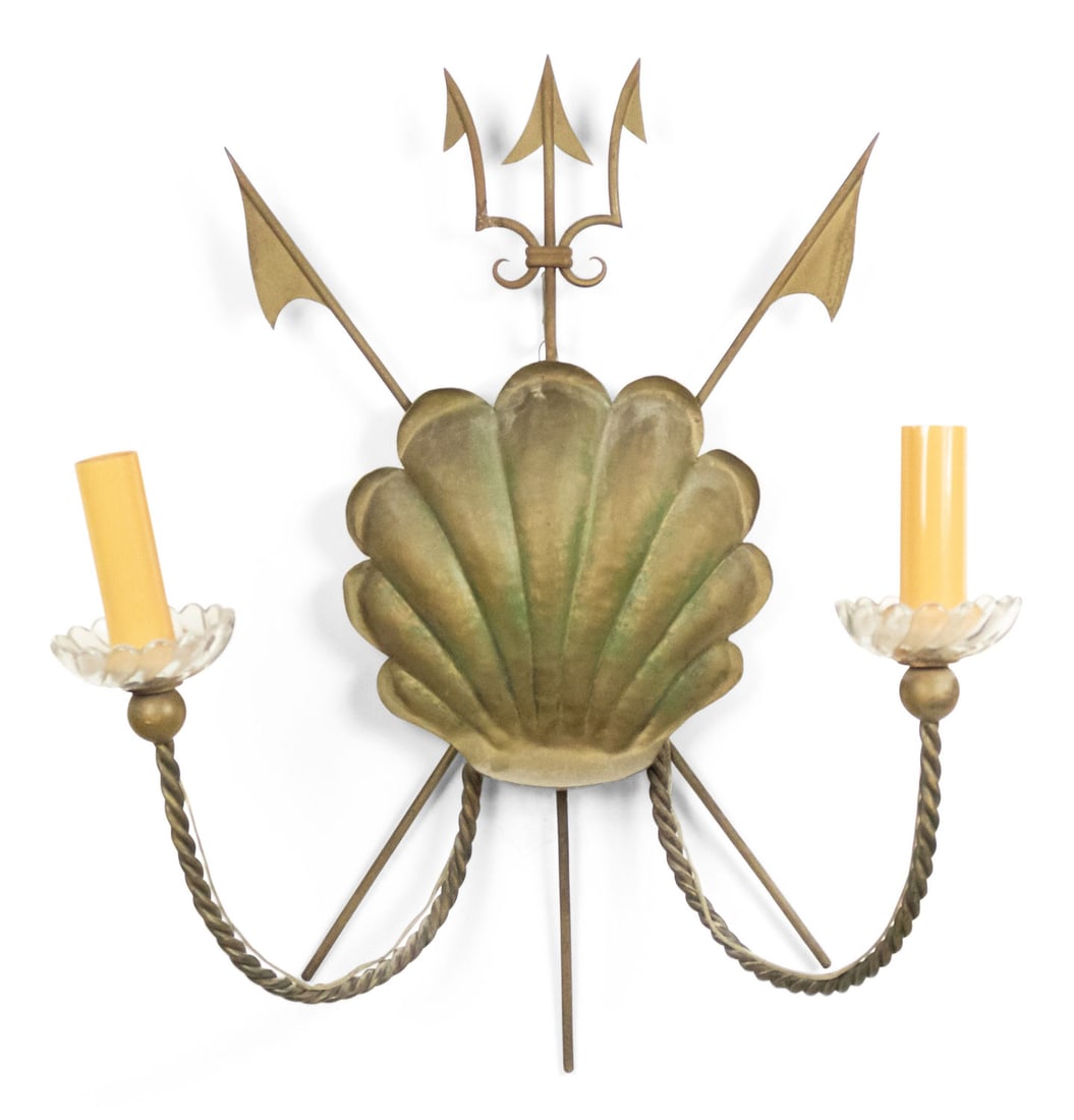 French Modern brass and crystal trident wall sconce: c. 1940s, France, central shell shaped backplate with trident crest, issuing two brass rope-twist arms ending in crystal bobeches, candle wax form socket covers and candelabra sockets, , 22"h x 18.5"w