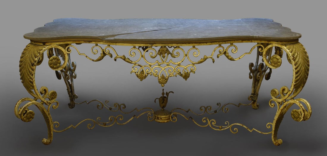 French Belle Epoque monumental marble and iron table: 19th/20th c., France, center or dining table, white painted iron with scrolled & cabriole legs and a stretcher having floral decoration, with a grey marble top, 35.25" h x 85"w x 45.5"d