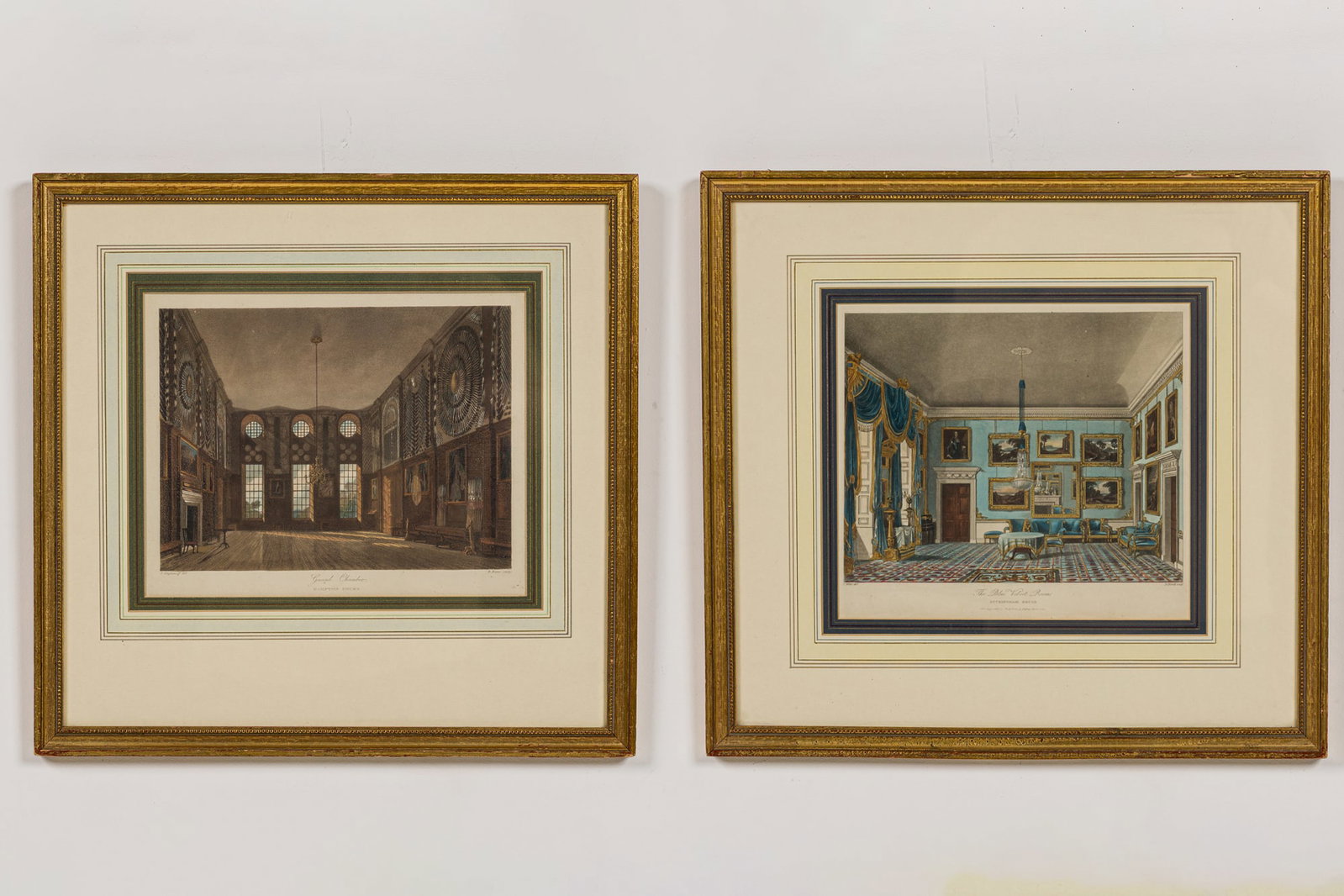 English School,(2) aquatints, 19th c.: English School (19th c.), Palace Interiors, includes James Stephanoff (English, 1788-1874) "The Guard Chamber, Hampton Court Palace", printed signature in lower left corner, published as plate 38 in W