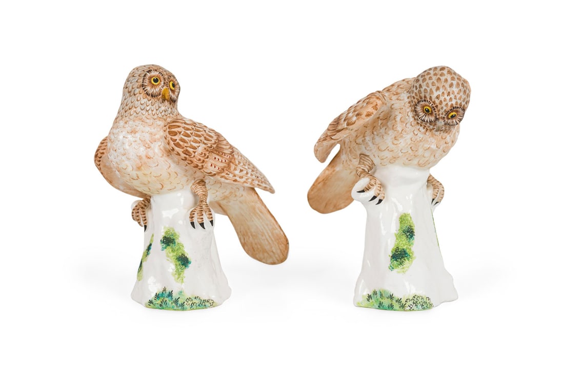 English Staffordshire ceramic hawk dove figures: 19th/20th c., England, polychrome glazed potery figures, with brown feathers and its wings slightly spread out perched on a white rock formation, marked and titled to underside, 8"h x 5.5"d x 8" w