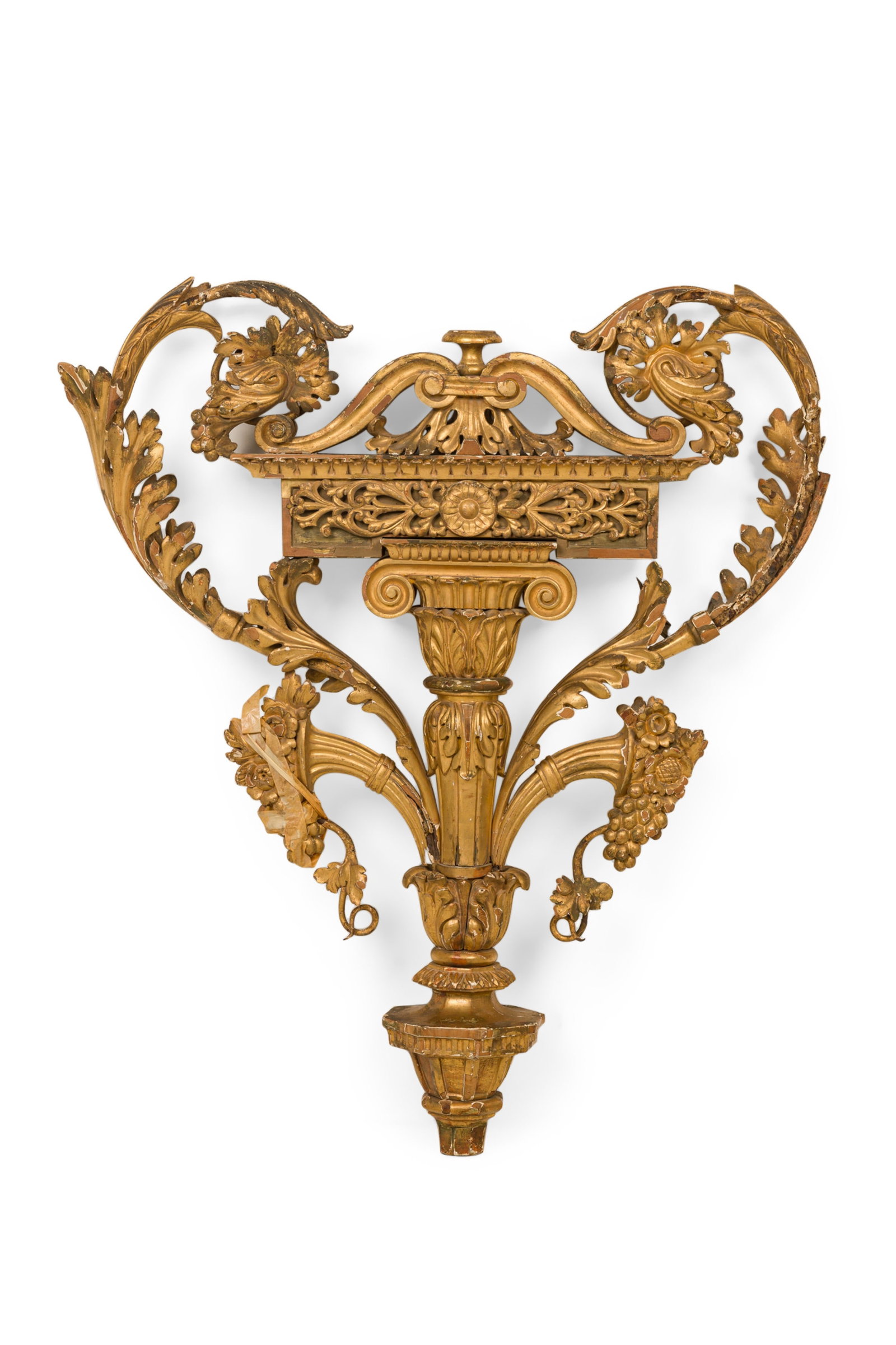 Large Antique Italian Neoclassical giltwood wall plaque: c. 18th c., gilt carved wood and metal, with a centered column and capital issuing foliate scrolls, 43.5" h x 37"w x 8"d