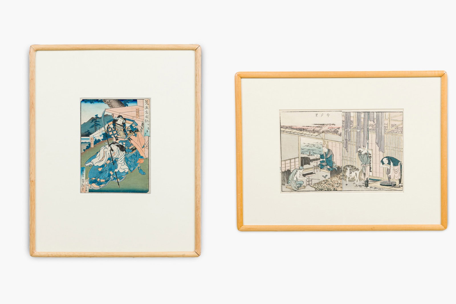 (2) Japanese woodblock prints inc. hokusai: Possibly Shunkosai Hokushu (Japanese, 1808-1868), Kabuki Actor Nakamura Utaemon III, nishiki-e, scene from kabuki play, matted and framed and underglass, 21.5"h x 16.5"w; with, Katsushika Hokusai (Jap
