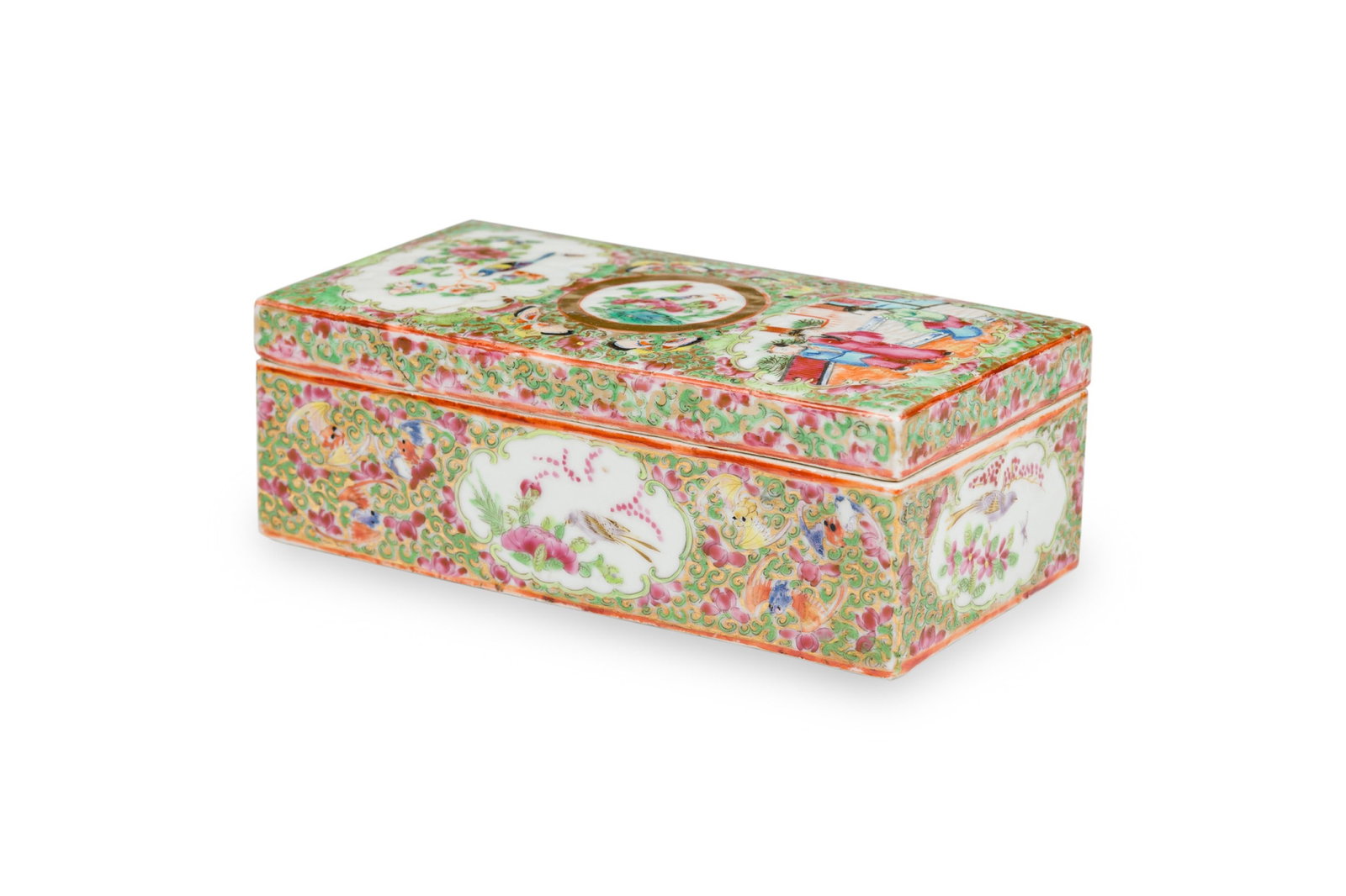 Chinese Export Famille Rose tea caddy box: Qing Dynasty or later (19th/20th c.), with panels of birds and flowers on a foliate ground, iron red enamel mark on edge, 3"h x 8"l x 4"w