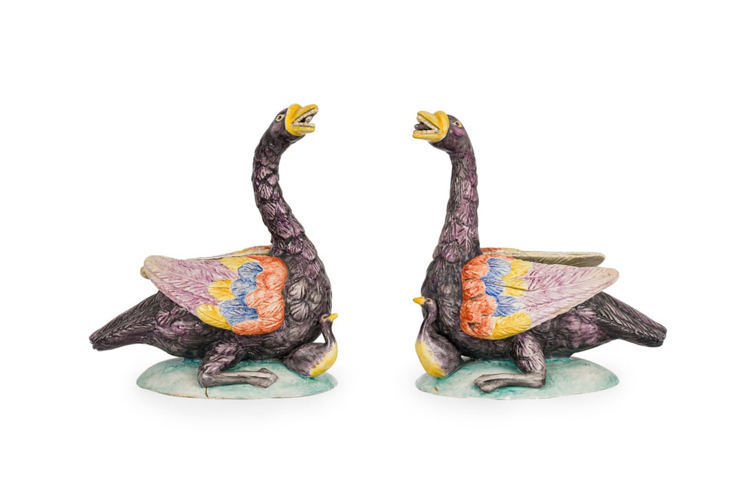 Pair Chinese ceramic geese statues: Republic Era or later (20th c.), polychrome enameled pottery, unmarked, 7.5"h x 4"d x 7.75" w
