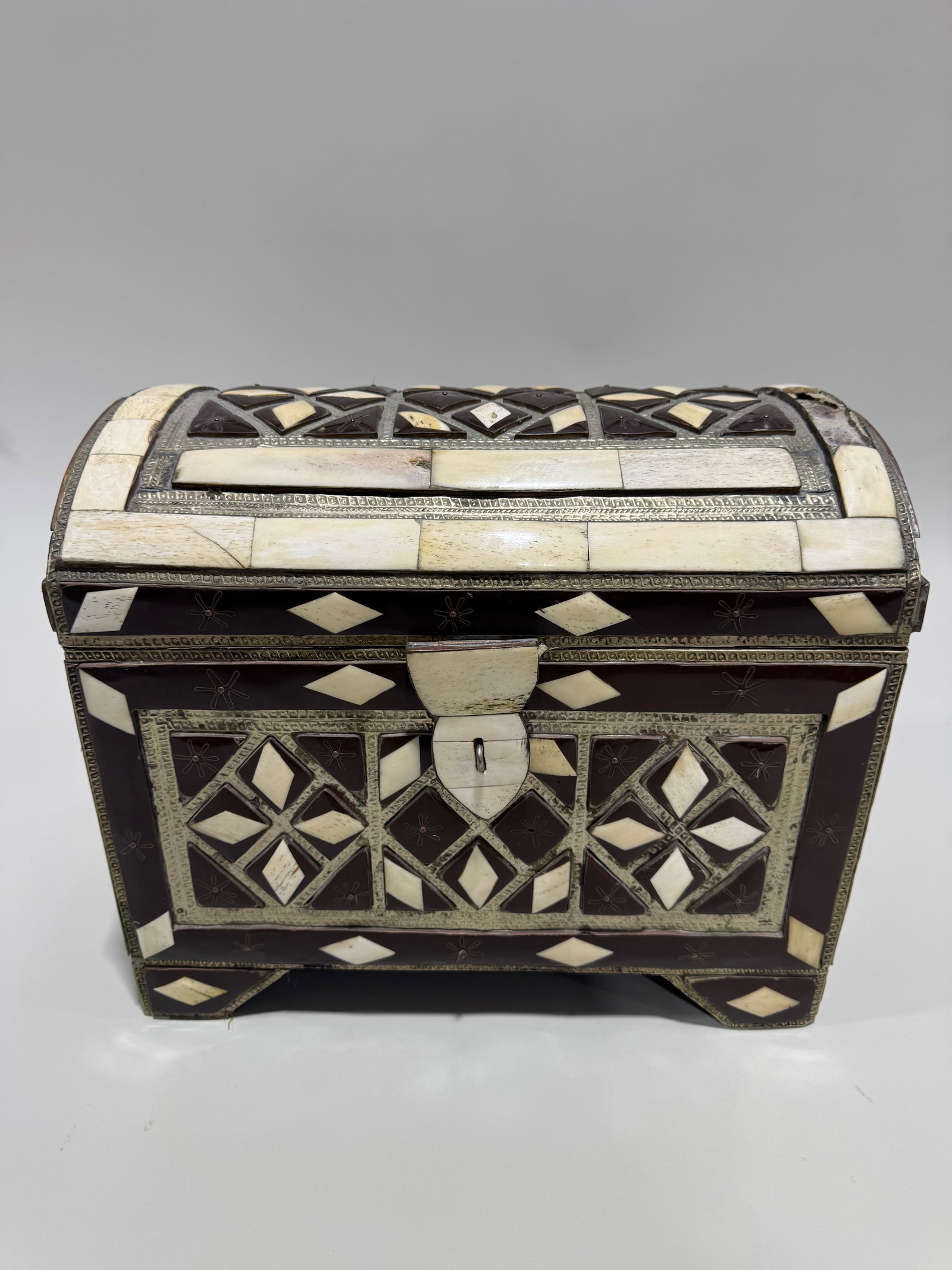 Large Moorish bone and brass Inlaid casket chest (1 of 7)
