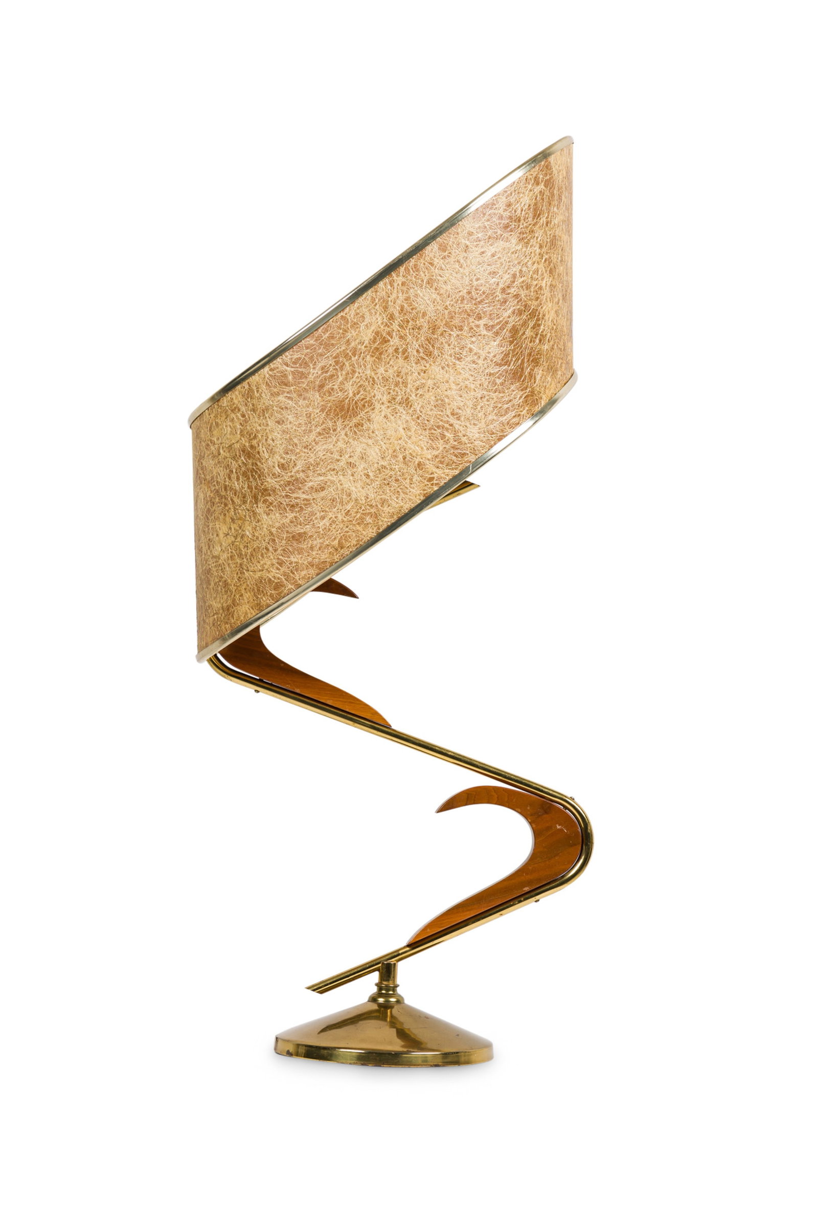 American Mid-Century Brass and Walnut Spiral Table Lamp: c. 1960s, USA, with a vintage fiberglass shade, 32" h x 7.25"w x 7.25"d