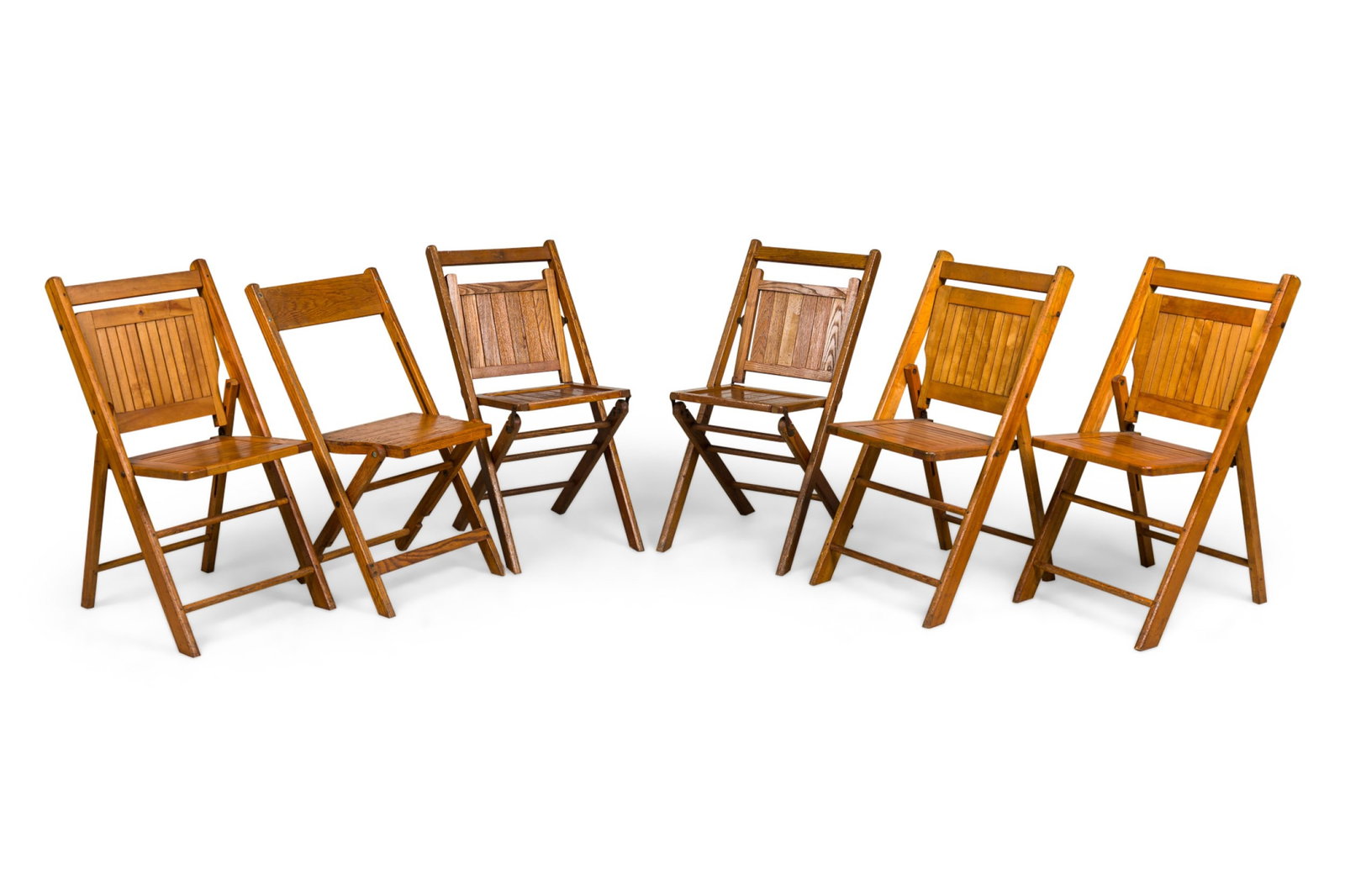(6) Bryn Mawr College oak folding chairs: 20th c., USA, folding chairs with slatted seats and backrests ending on A-frame design legs, made by PARIS MFG CO, ME, college property labels on backsplat, 32.0"h x 14"w x 16" d, 17" (to seat)