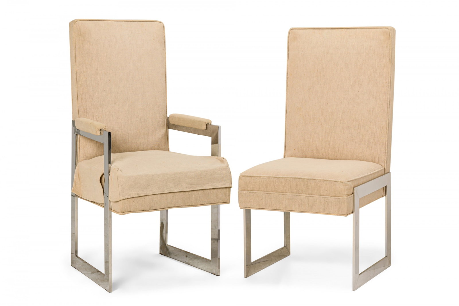 Pace Collection, (8) Modern aluminum dining chairs: c. 1970s, USA, includes (2) armchairs and (6) side chairs, seat, back and armrests upholstered in beige fabric, matching seat covers, raised on square polished flat bar aluminum base, 19"w x 23.5"d x 