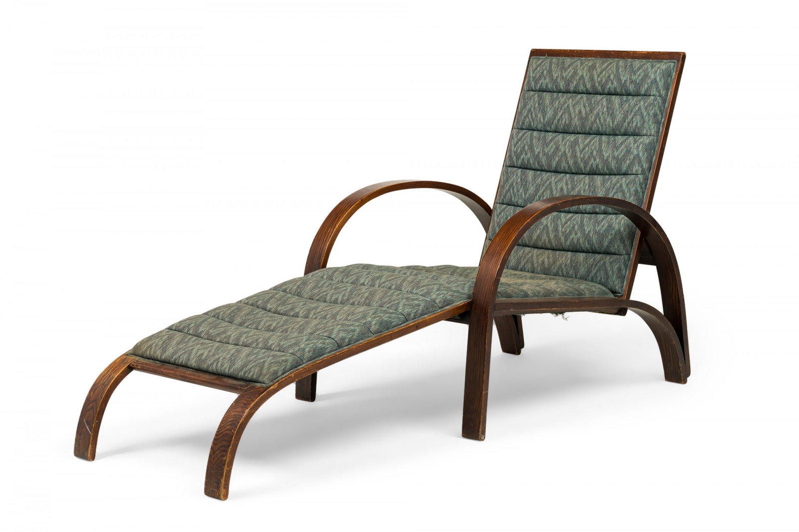 Ward Bennett, bentwood Ash chaise lounge: c, 1970s, USA, cherry stained steam bent ash wood frame, with arched arms and extended leg rest, upholstered in a lightly patterned green-blue woven linen with horizontal channeling, for Brickel Assoc