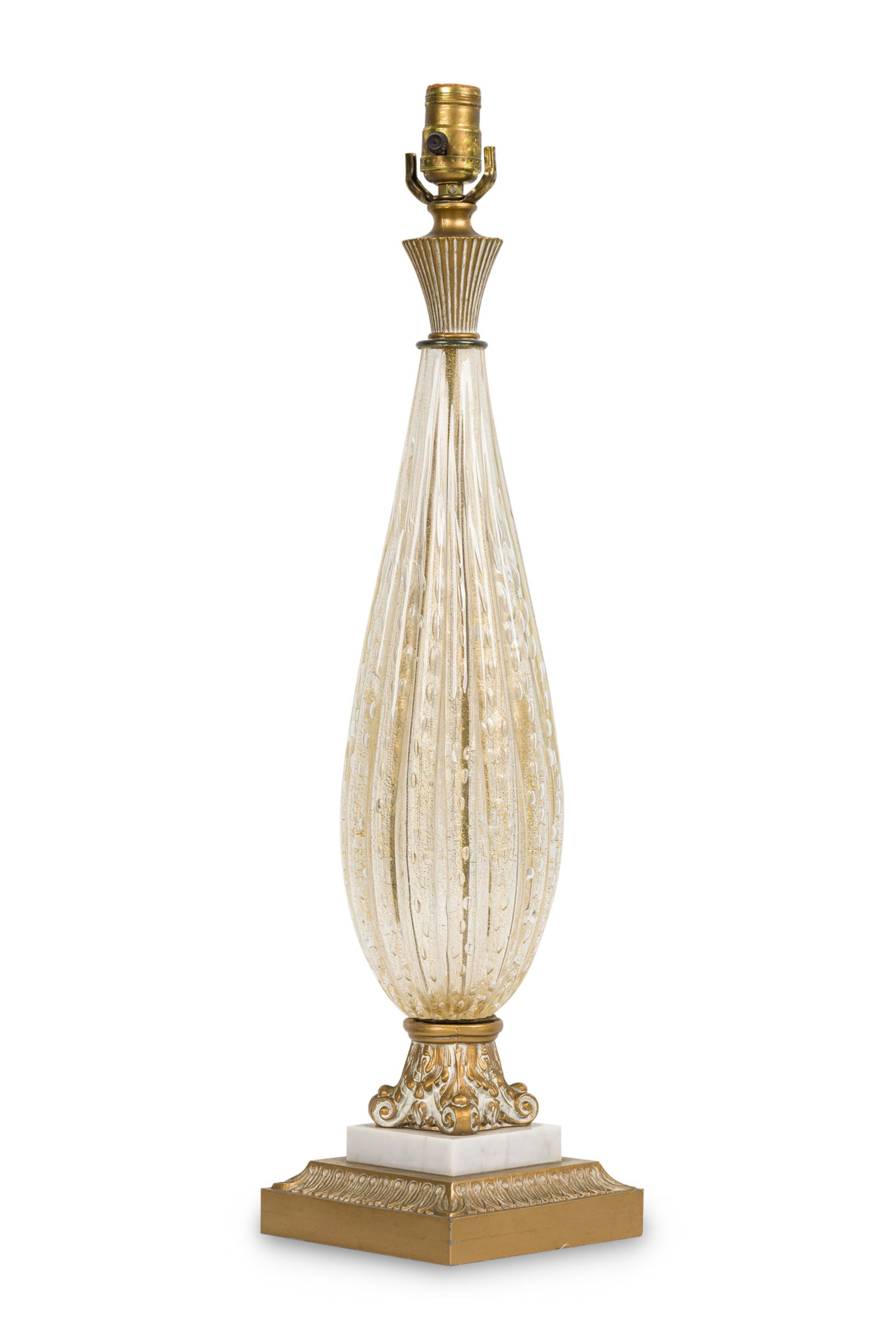 Barovier & Toso (attrib), pair Italian Modern murano glass table lamp: c. 1950s, Italy, includes one with white hand-blown glass with controlled bubbles and gold dust inclusions, on a gilt wood stepped base, 26.5"h x 6"w x 6"d; and one with hand-blown white glass with go