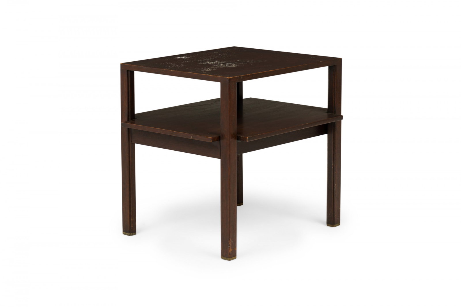 Edward Wormley, mahogany two-tier end table: c. 1960s, USA, dark stain mahogany veneer, the square top supported by four square legs with rounded corners, joined by slightly larger lower stretcher shelf above a shallow single drawer, ending in b