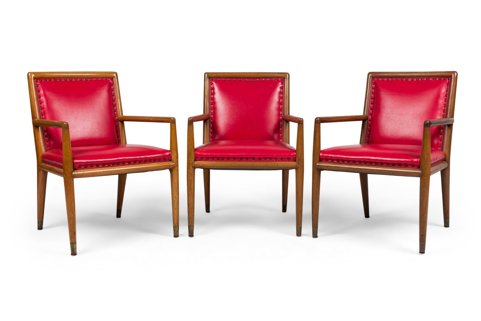 Robsjohn-Gibbings style, (3) walnut and red leather armchairs: c. 1960s, USA, crisply tailored open frame walnut dowel armchairs with red leather upholstered seat and back, brass nailhead banding, 32.5" h x 23.5"w x 26"d x, 17.5" (to seat)