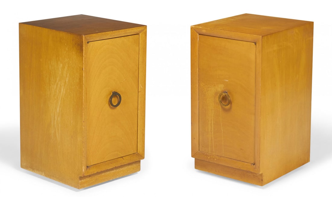 TH Robsjohn-Gibbings, pair blond wood nightstand cabinets: dated 1949, USA, likely maple veneer, the single-door mounted with a brass ring door pull, opening to adjustable shelves, WIddicomb Modern Original label to underside, 33" h x 18"w x 20"d