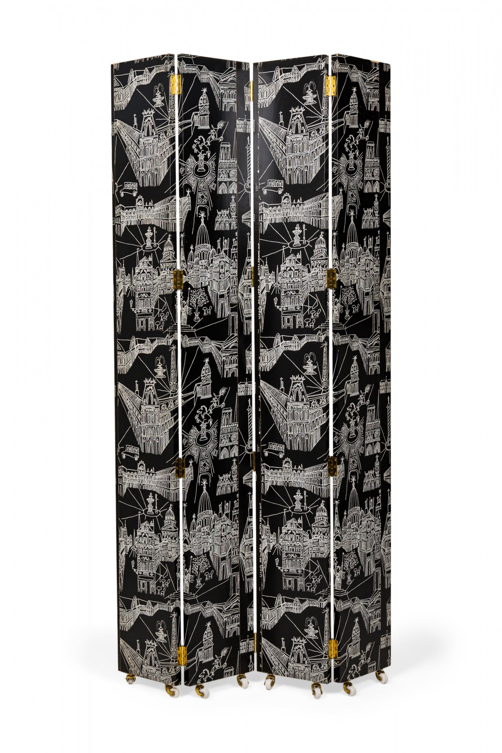 Fornasetti (style), vintage four panel rolling screen: 20th c., printed in white on black with illustrations of Parisian landmarks, brass hinges and casters, unmarked, 85"h x 45"w (per panel)