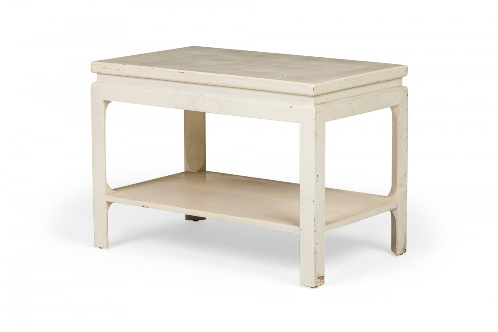 Paul Frankl for Johnson Furniture Company, occasional table, model 5015: c. 1950s, USA, mahogany and cork, rectangular box shape with a lower stretcher shelf, rests on four square legs, painted white, stenciled manufacturer's mark to underside "5015 30"w x 18"d x 21" h