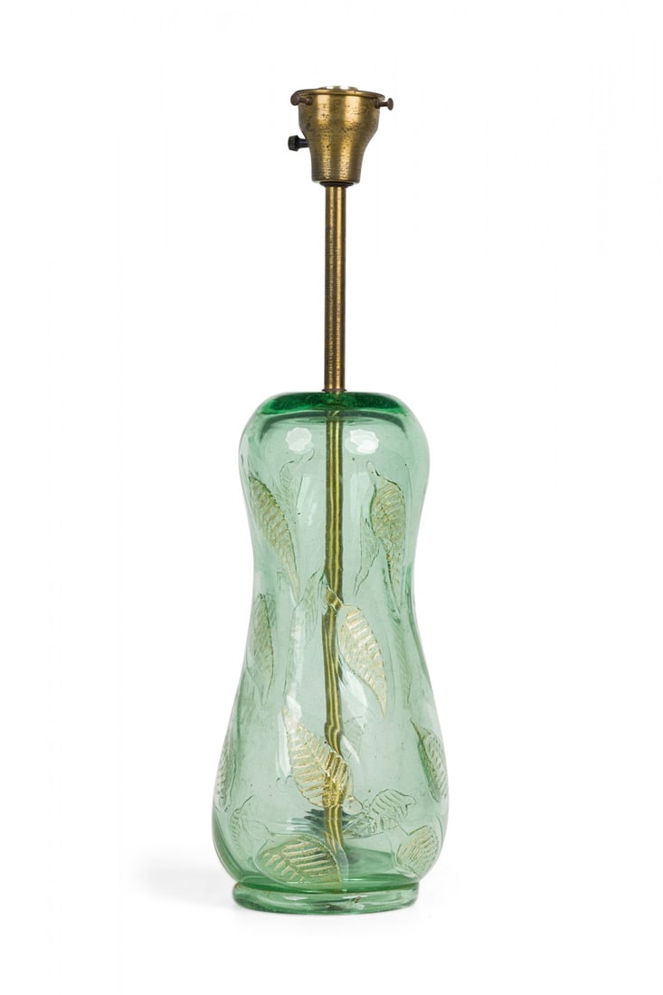 Barovier and Toso, hand blown glass table Lamp: c. 1950s, Italy, hand blown green glass organic gourd form featuring an all-over gold leaf pattern, connected to a brass stem and functioning cupped light switch socket, 24"h x 7"dia