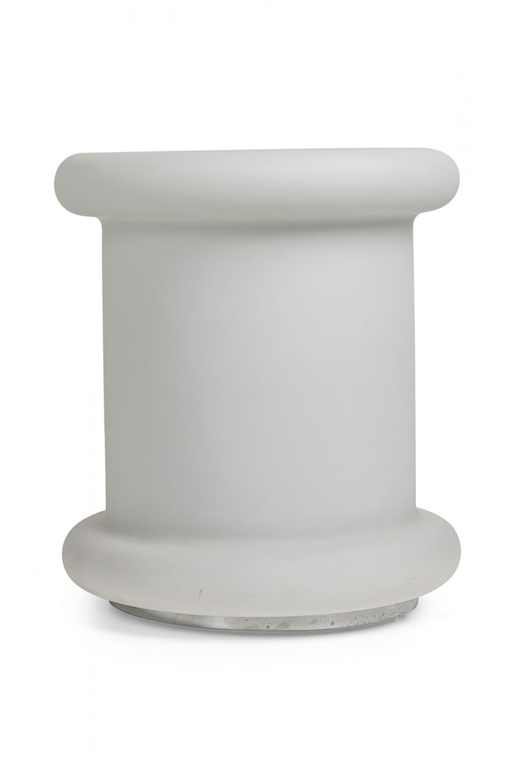 Mauro Marzollo, Italian Modern frosted glass lamp table: c. 1980s, Italy, the white satin triplex glass drum table wired with four interior bulbs, wired dimmer switch, for TVE Milano, 18" h, 16.5"dia