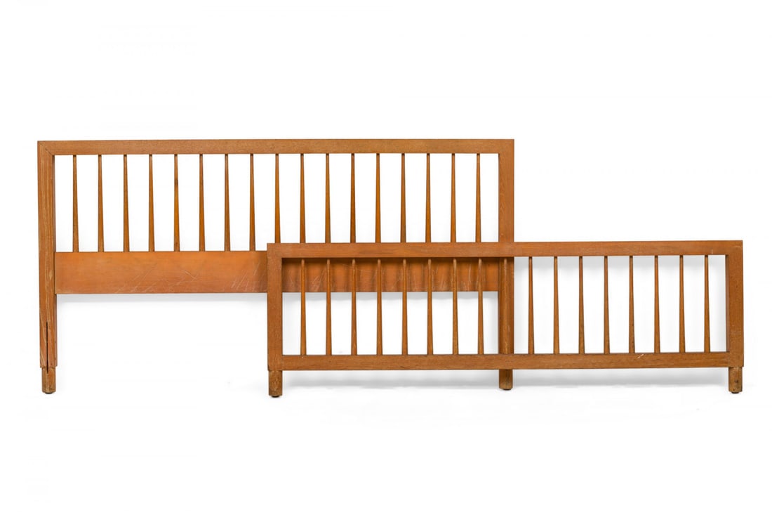 Raymond Loewy for Mengel, Full-Size head and footboard: c.1950s, USA, bleached oak with orange wash finish, simple functionalist design with framed wooden dowels, 30" h x 56.75"w x 1.5"d