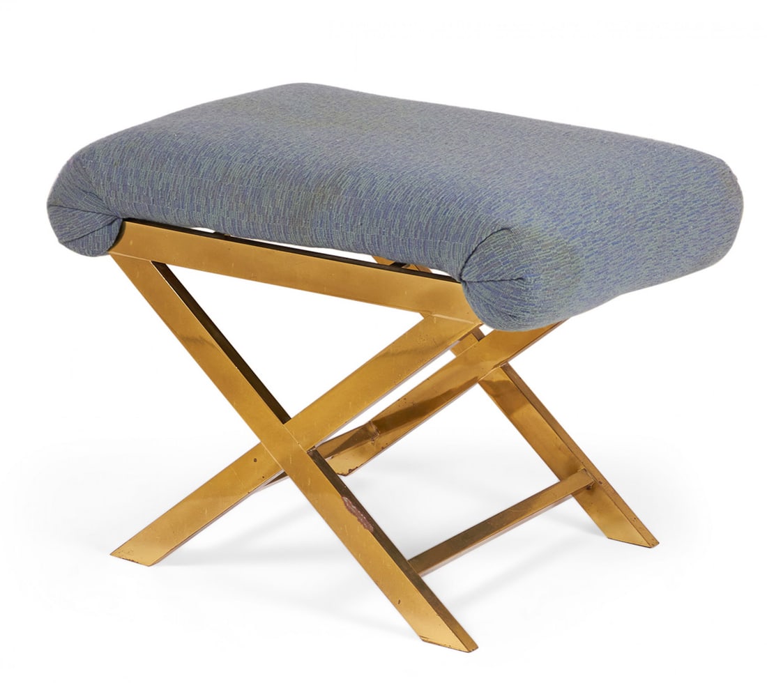 Charles Hollis Jones (attrib), pair brass X-benches: c. 1970s, USA, polished brass frame, one topped with a gray-blue cotton upholstered seat, one topped with a teal cotton cushion seat, 20" h x 28"w x 18"d