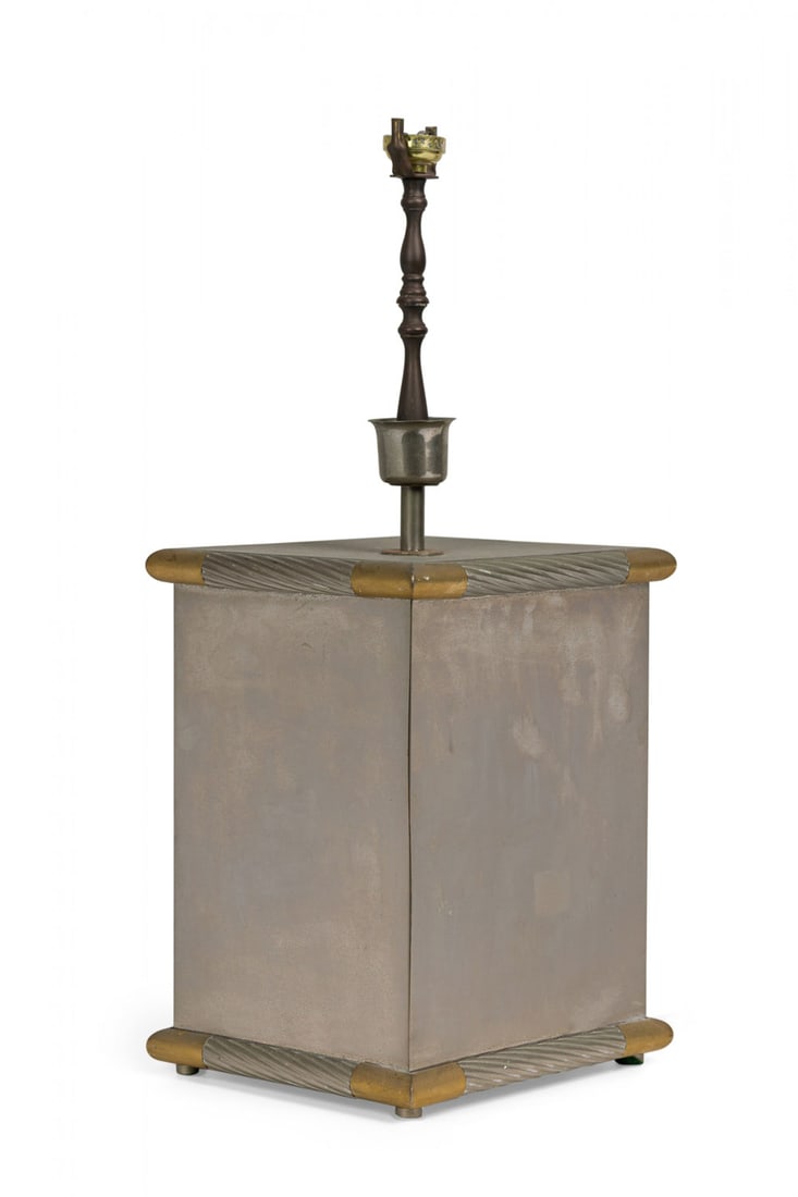 Tommaso Barbi, Italian Modern, brass and silver plated table lamp: c. 1950s, Italy, brass and silver-plated rectangular form with molded edge border and brass corner reinforcements, turned metal stem topped by a nonfunctioning light switch socket, resting on four met