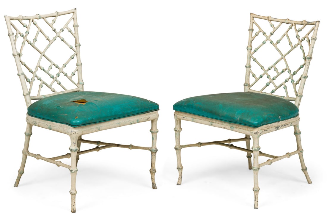 Phyllis Morris, cast aluminum outdoor side chairs: c. 1960s, cast aluminum faux bamboo frames with open lattice backs, painted in a distressed off-white and green, teal seats, for Kessler Industries, 33.5"h x 23"w x 22"d, 17"h (to seat)