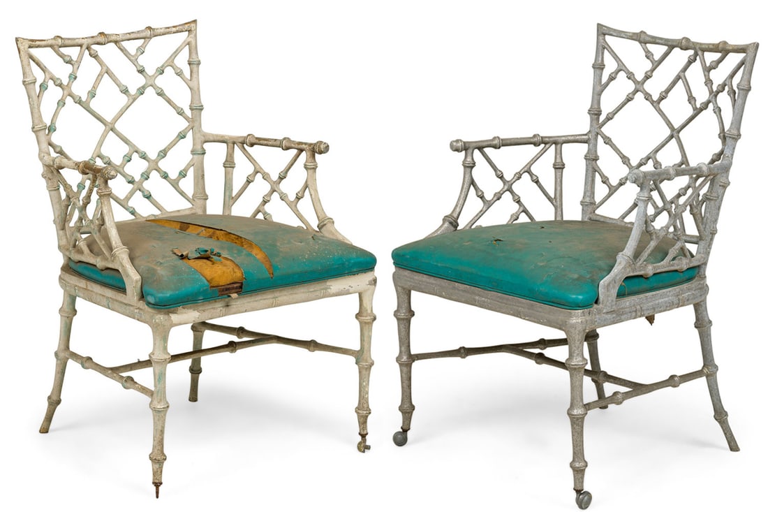 Phyllis Morris, cast aluminum faux bamboo outdoor armchairs: 1960s, USA, cast aluminum faux bamboo dining frames with open lattice backs, painted in a distressed off-white and green, teal seat cushion, for Kessler Industries, 33.5"h x 23"w x 22"d, 17"h (to seat