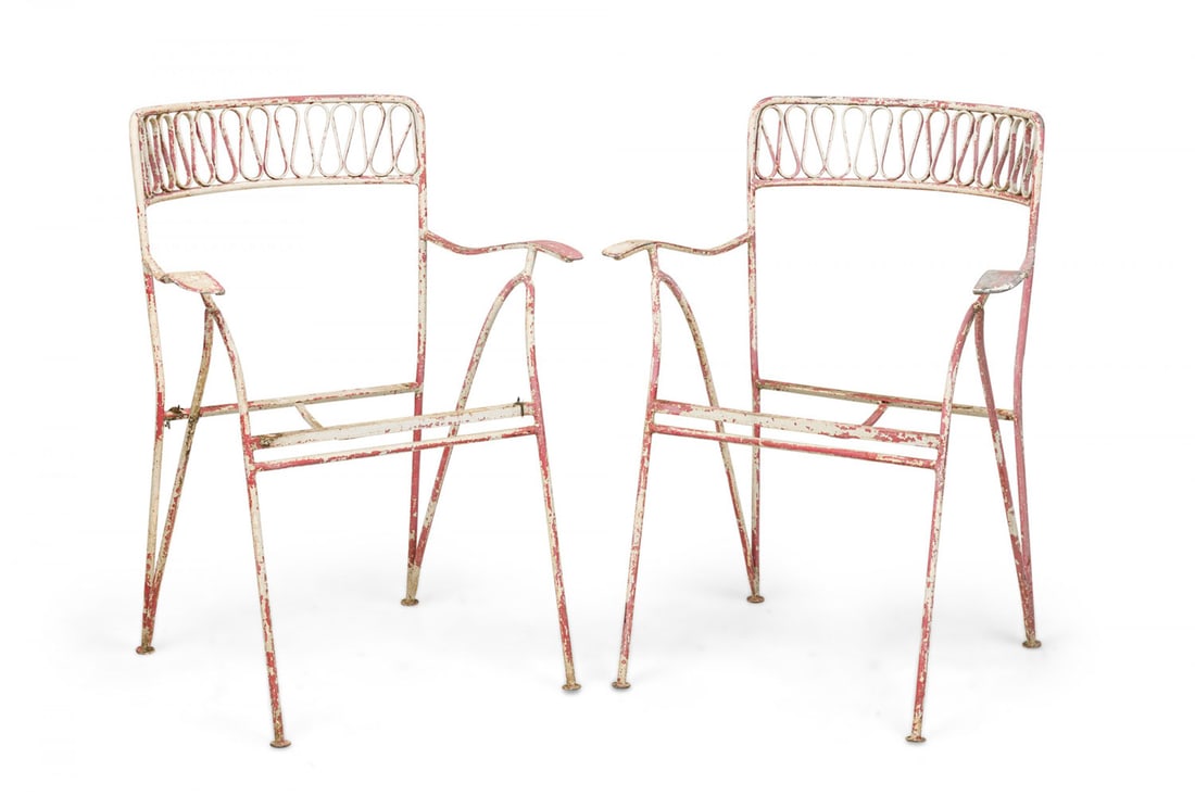 Maurizio Tempestini for Salterini, pair, metal "Ribbon" armchairs: 20th c., USA, metal frames with signature style "ribbon" openwork backs, painted white and pink, without seats, frames only, 25.5"w x 21.5"d x 33.5" h, 16.5"sh