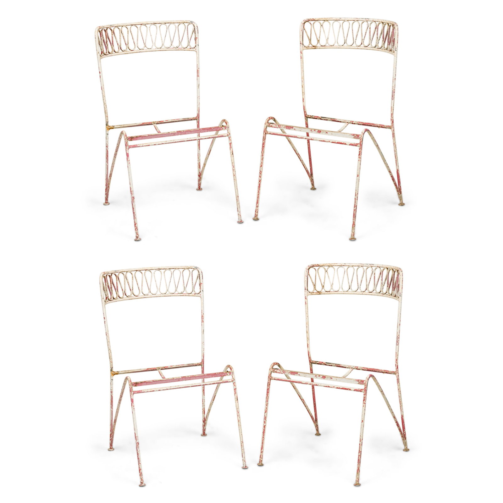 Maurizio Tempestini for Salterini, (4) metal "Ribbon" side chairs: 20th c., USA, metal frame with signature style "ribbon" openwork backs, painted white and pink, without seats, 19"w x 21.5"d x 33.5" h, 16.5"sh