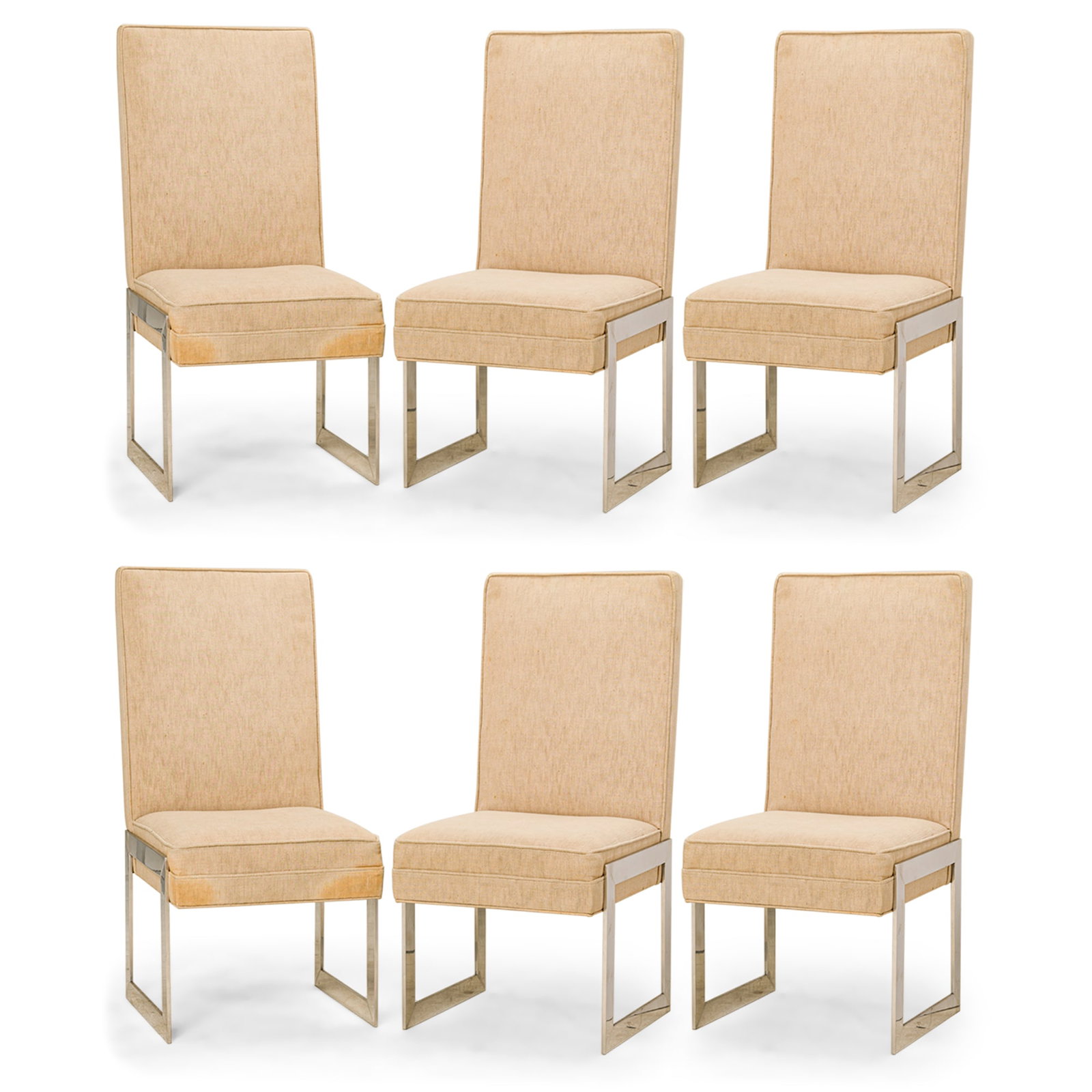 Pace Collection, (6) Modern aluminum frame dining side: c. 1970s, USA, upholstered in beige fabric, matching seat covers, raised on square polished flat bar aluminum base, 19"w x 23.5"d x 40.5" h, 19"sh