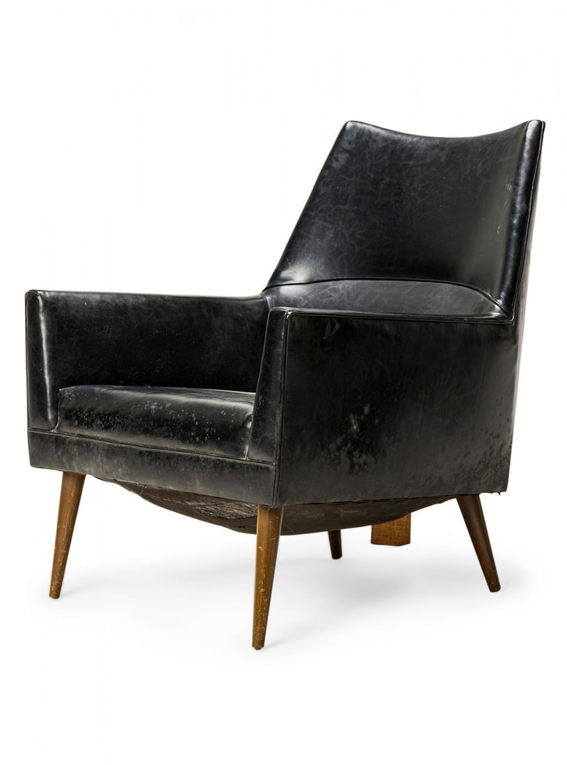 Paul McCobb for Custom Craft Inc., 'Squirm' lounge chair, model 3042: c.1950s, USA, square profile with a tapered back, upholstered in black leather, resting on four tapered walnut legs, Custom Craft cloth label on the underside, 27.5"w x 28"d x 33" h, 15"sh
