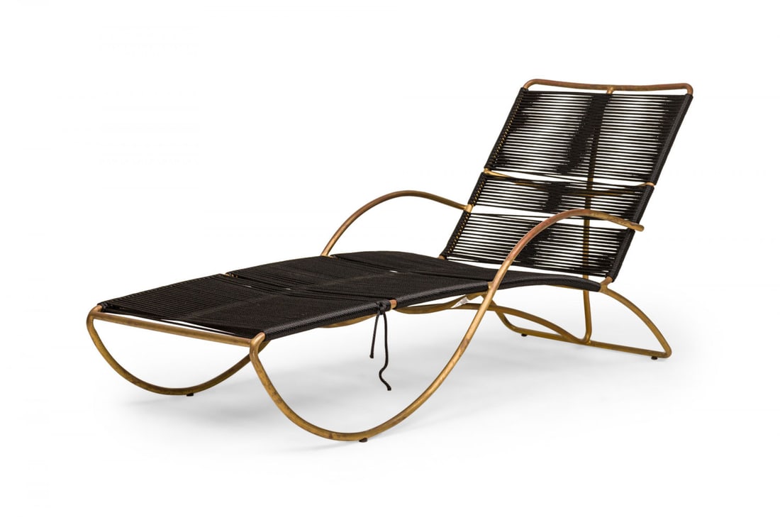Walter Lamb for Brown Jordan Furniture Co., brass and rope "S" lounge chair: 20th c., USA, brass frame with uniform arms and legs elegantly formed in an "S" shape, black roped seat and back, Brown Jordan maker's mark on the bottom, 26.5"w x 69"d x 32" h, 13"sh
