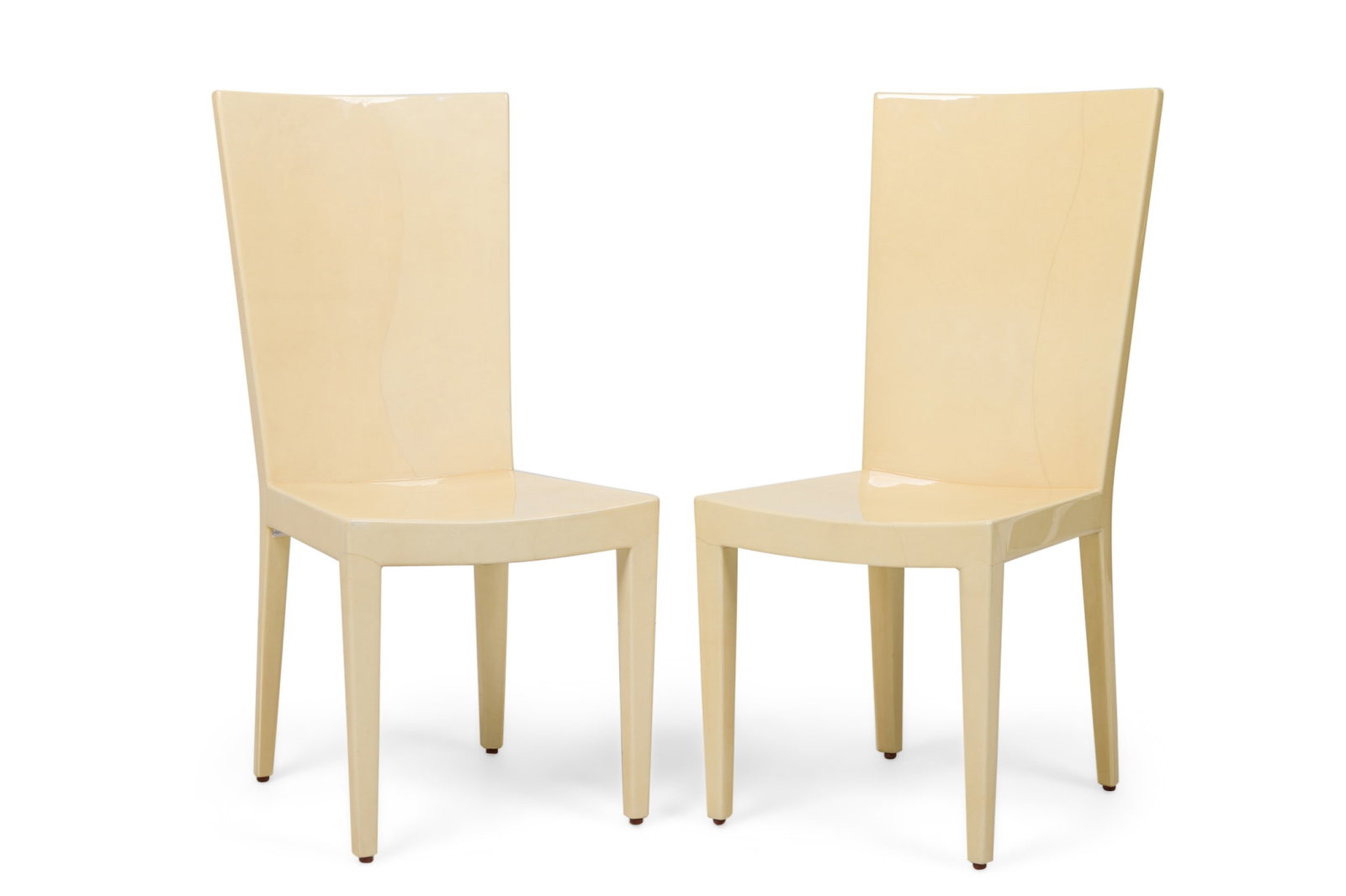 Karl Springer (8) lacquered parchment 'JMF' chairs: c. 1970s, USA, lacquered beige parchment veneer, 40"h x 18"w x 20"d, 18"h (to seat)