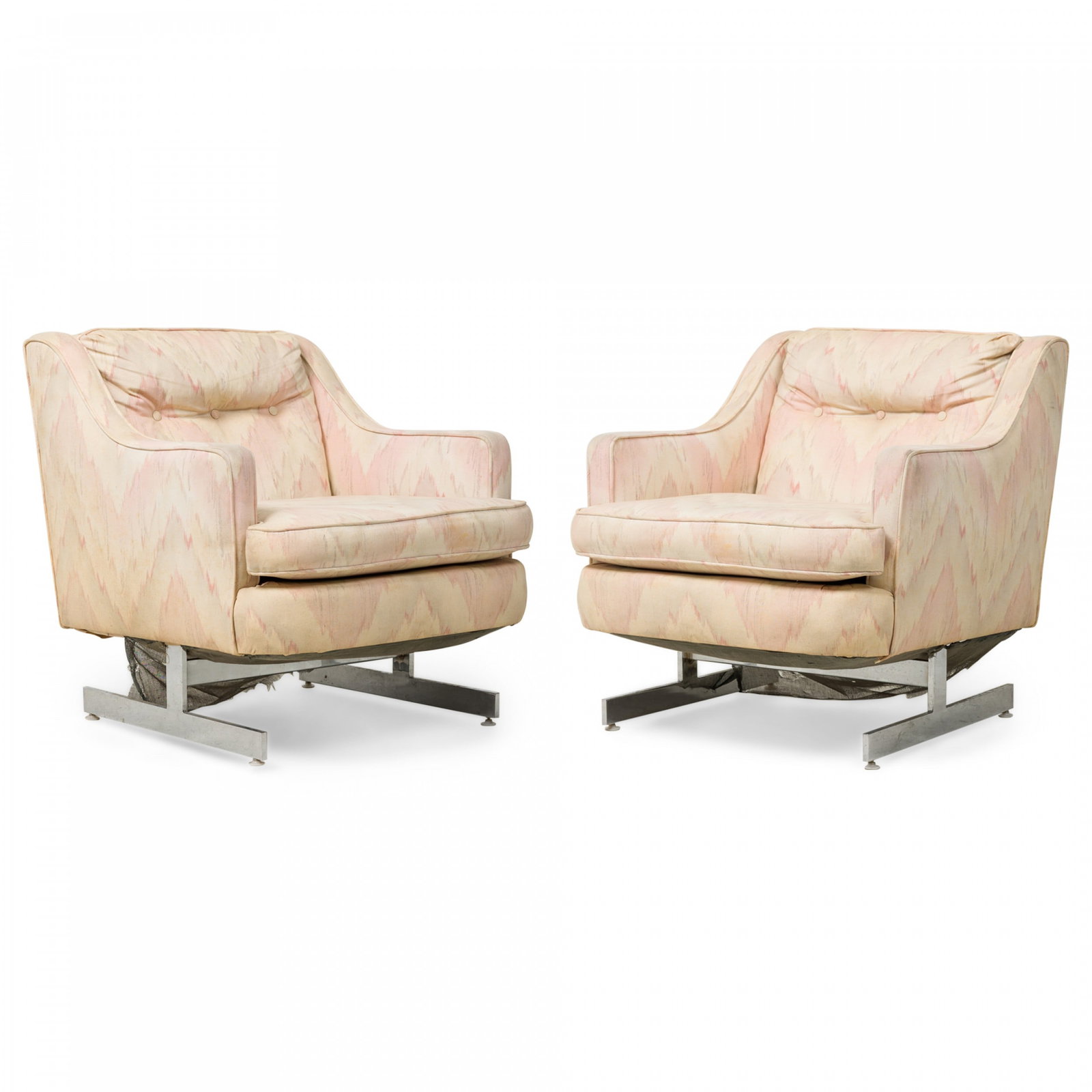 Milo Baughman (style), pair Modern lounge chairs: c.1970s, USA, the square seat upholstered in a button tufted beige and pink stitch flame fabric, resting on a flat plated-steel "H" bar stretcher with adjustable disc feet, 30"h x 28"w x 33"d, 18.5"h 