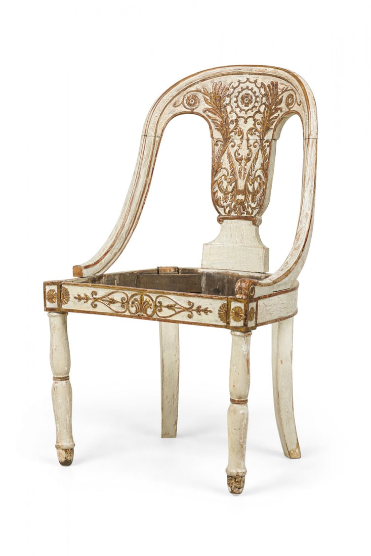 English, Charles X, pair, giltwood dining chair frames: 19th c., England, wood gondola form with carved floral details, gilt and white paint, no upholstery, frames only, 19"w x 17"d x 32.5" h, 16"sh