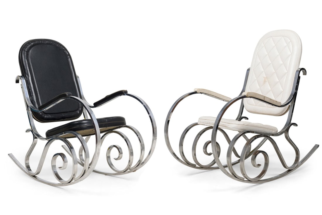 Maison Jansen (Attrib.), pair polished nickel rocking chair: c. 1970s, France, polished nickel bentwood style frames, (1) upholstered in white leather, (1) upholstered in black leather, 42"h x 43"w x 39"d, 16.5"h (to seat)