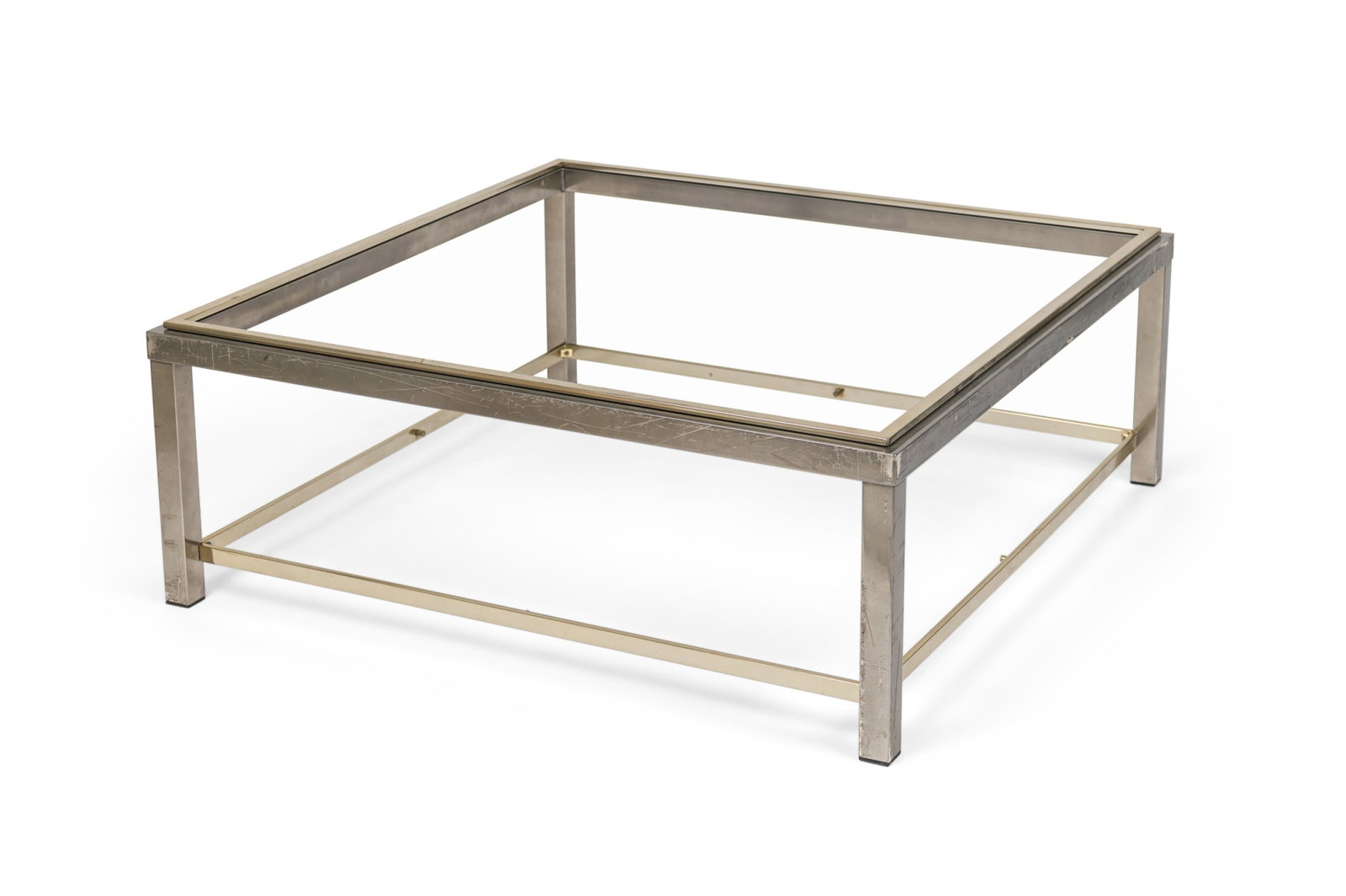 Romeo Rega, brass and steel low table base: c. 1970s, Italy, square steel base with flat brass stretchers and border, no top, frame only, 16"h x 42.5"w x 42.5"d