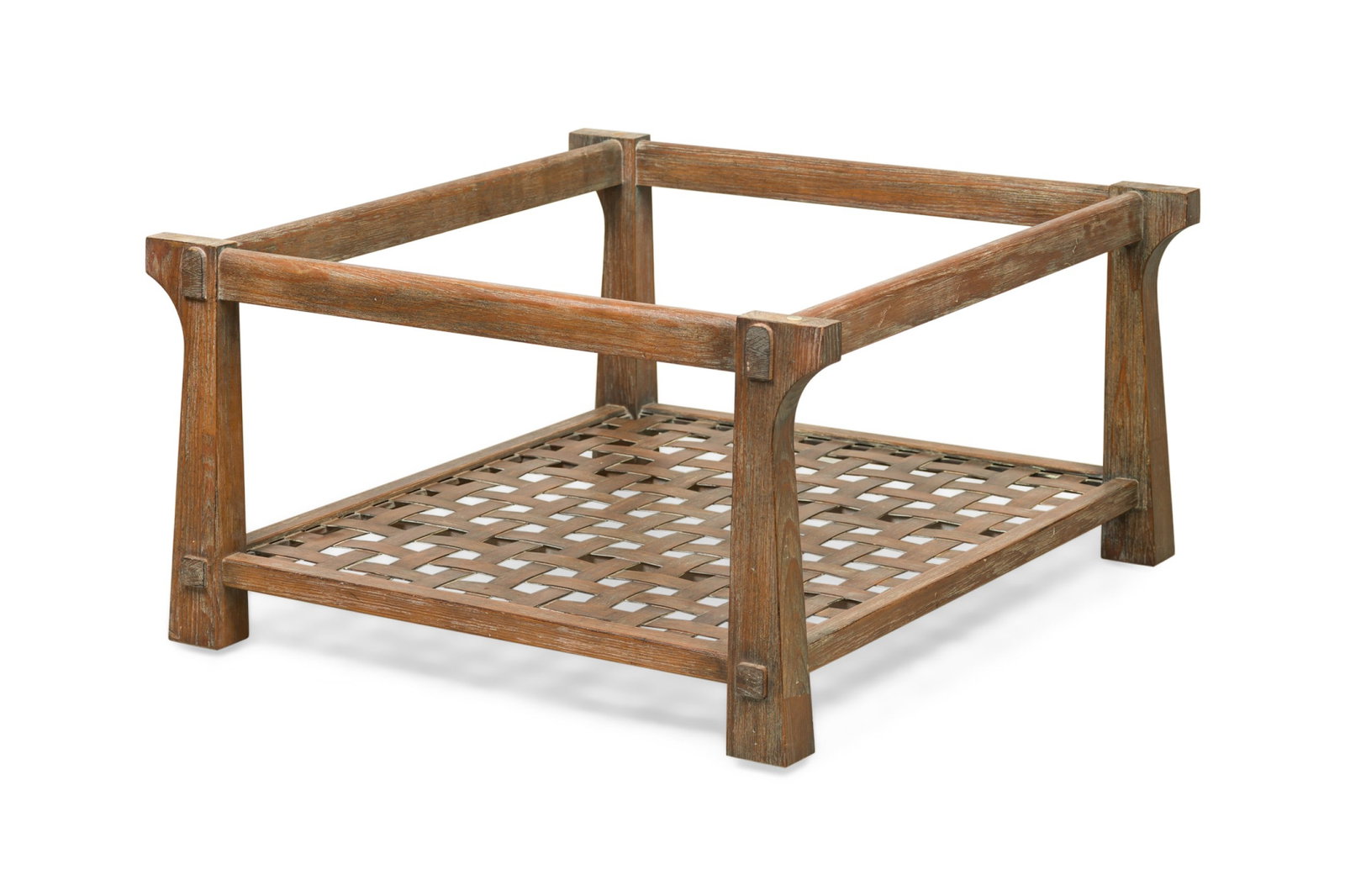 Jamie Herzlinger, cerused wood and caned coffee table frame: 21st c., USA, square form, cerused wood frame with distinctly shaped legs tapering toward the top and a caned lower shelf, no glass top, frame only, 17.75"h x 34"l x 33.25"w