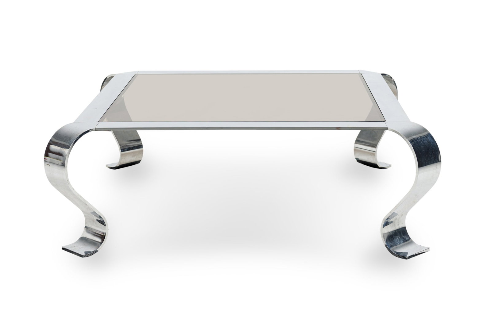 Francois Monnet, chrome and smoked glass coffee table: c. 1970s, France, square chrome-plated steel frame with inset smoked glass top, resting on four exaggerated cabriole legs, 15.75"h x 46"w x 46"d